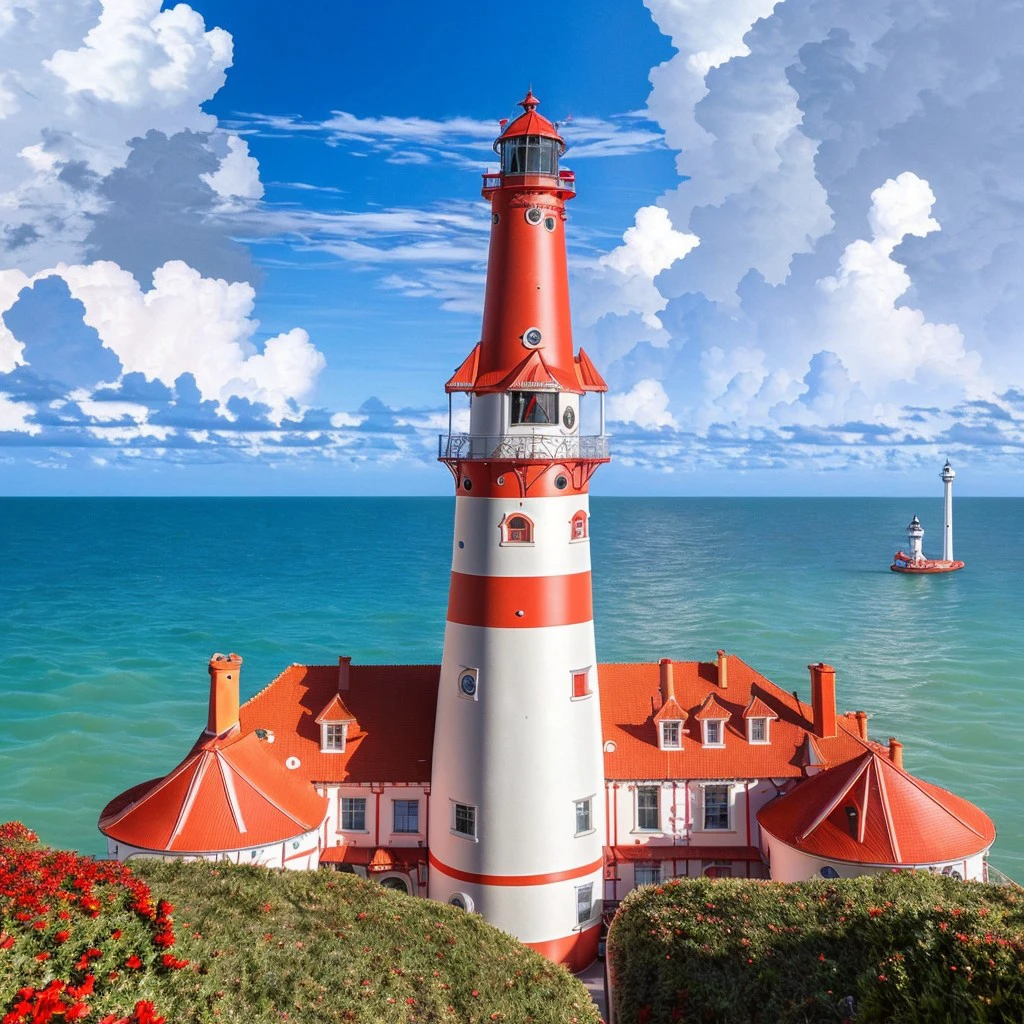 masterpiece, full scale photo, intricate photo, precisely detailed lighthouse with red-white ring-sections in the ocean, photo realistic, hyper realistic, highly detailed, sharp focus, high resolution, best quality, colorful, friendly colors, cozy outdoor lighting, 8K