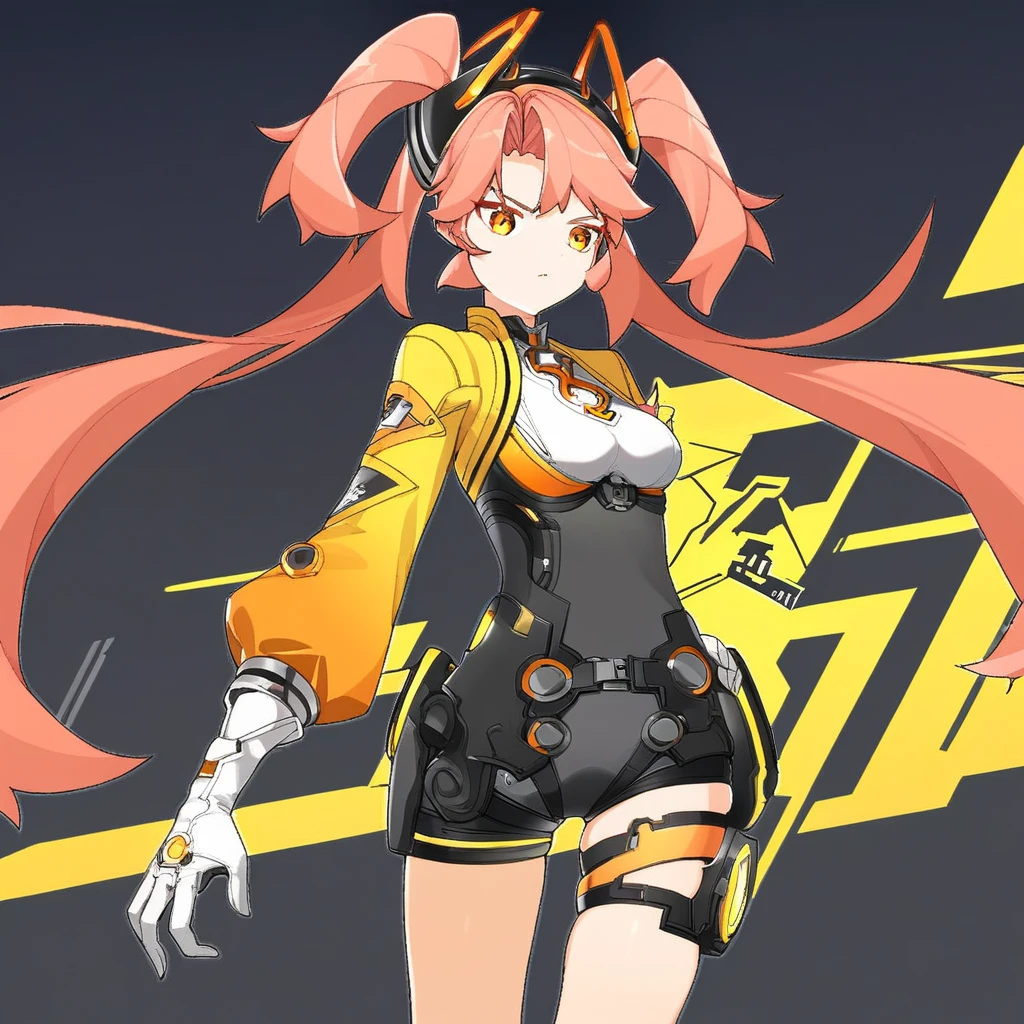 e0s-ft, 1girl, long hair, twintails, gloves, breasts, thigh strap, headgear, jacket, orange eyes, white gloves, very long hair, long sleeves, bangs, small breasts, yellow eyes