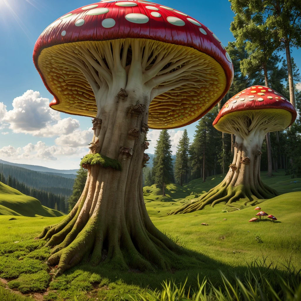 masterpiece, intricate photo, giant toadstools in the green hills, photo realistic, hyper realistic, highly detailed, sharp focus, cozy outdoor lighting, colorful, friendly colors, best quality, high resolution, 8K