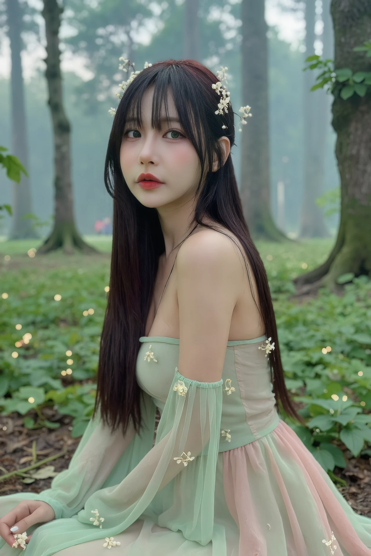 A serene and enchanting portrait of BJHaru, dressed in a flowing, sheer gown in shades of pale green and soft pink, blending into the natural surroundings. Her long hair is adorned with delicate vines and small white flowers, and her makeup is soft, with a focus on glowing, dewy skin and natural lip color. The setting is a magical, misty forest with tall trees and glowing fireflies, giving the impression that she is a mystical nymph in harmony with nature.

