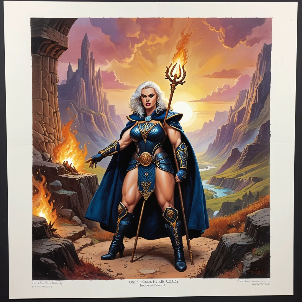 easley_art oil painting score_9 score_8_up score_7_up action scene 1girl cape female focus tail armor solo traditional media sky white hair weapon epic landscape maigcal magic items powerful nsfw sexy muscular massive breasts undead sluts swords staff jewelry fire cluds sunset dramatic lighting the storm perfect illustration for dnd easley_art oil