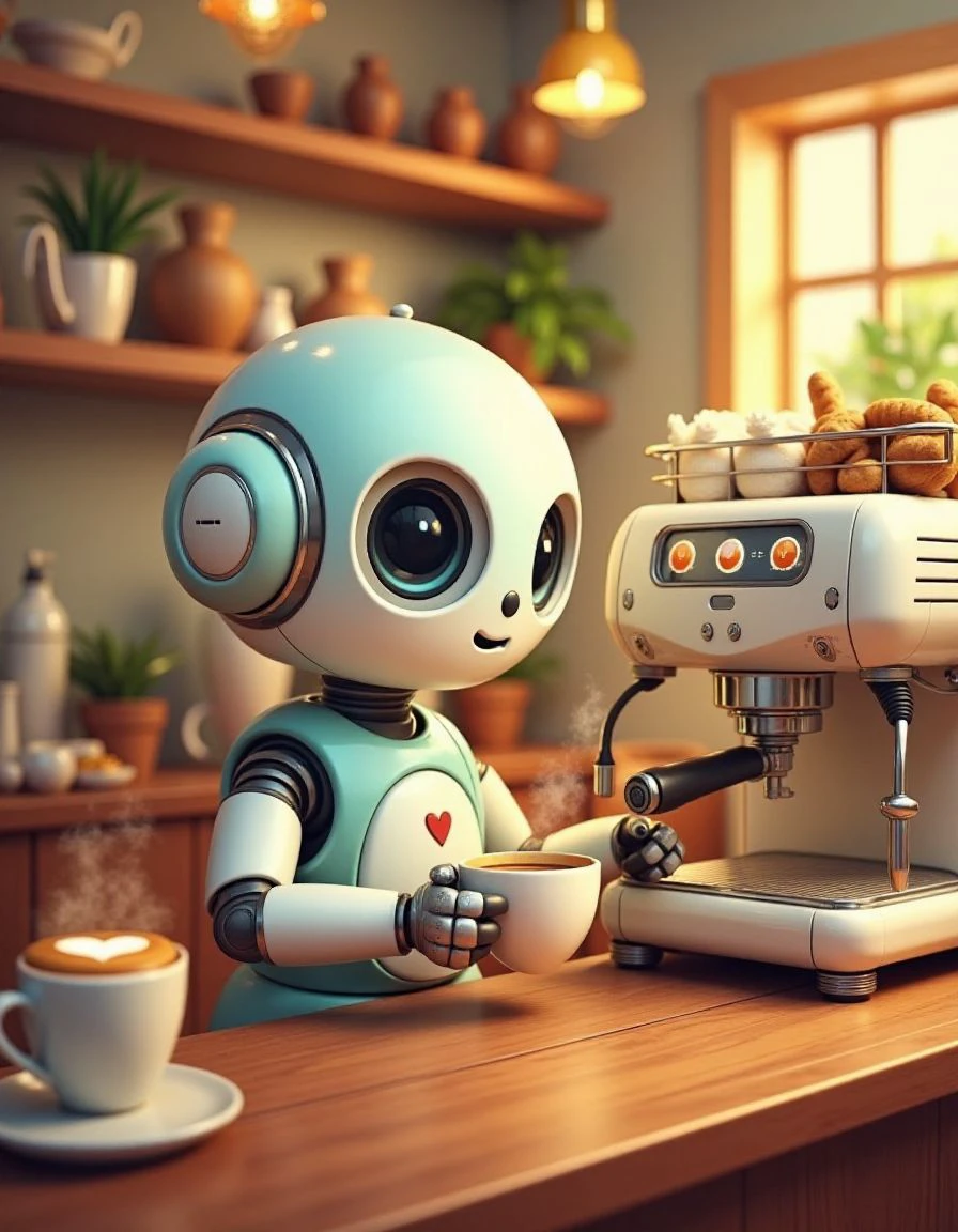 Create an image of a cute robot working as a barista in a cozy café. The robot should have a friendly, round design with soft, pastel colors and expressive, digital eyes. It is busy operating an espresso machine, carefully preparing coffee with precision and a touch of charm. The café setting should be warm and inviting, with shelves of coffee cups, pastries, and plants. The robot's work station should have a small name tag on it, and there should be a steaming cup of coffee on the counter, with a heart-shaped foam design on top. <lora:CUTE_ROBOTS_FLUX:1.5>