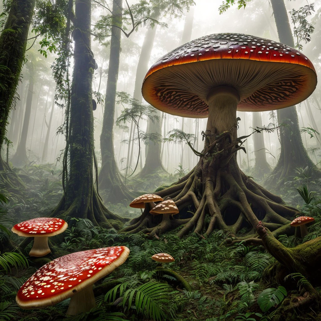 masterpiece, intricate photo, giant mushrooms in the hazy jungle, photo realistic, hyper realistic, highly detailed, sharp focus, high resolution, best quality, colorful, friendly colors, cozy outdoor lighting, 8K