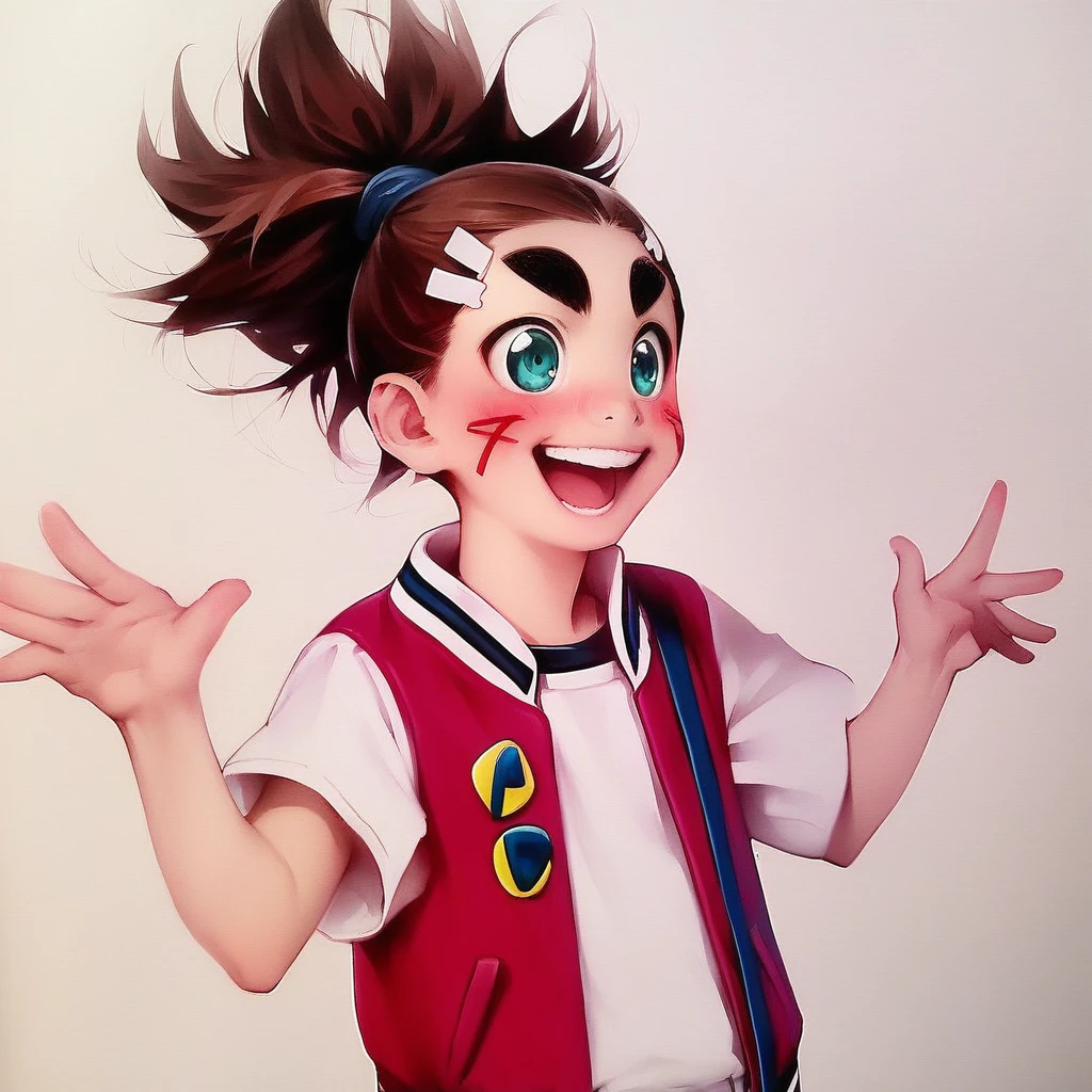 1boy,solo,aqua eyes,smile,happy,aiga akabane,hair clip,brown hair,high ponytail,facial mark,bandaid on cheek,thick eyebrows,letterman jacket,short sleeves,white t-shirt,suspenders,semi-realistic,blush,full color