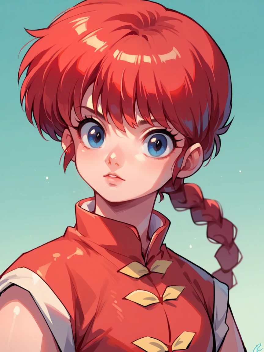 score_9, score_8_up, score_7_up, score_6_up, score_5_up,  <lora:RanmaXLP:1> ranma, red hair, 1girl, solo, blue eyes, braided ponytail, chinese clothes