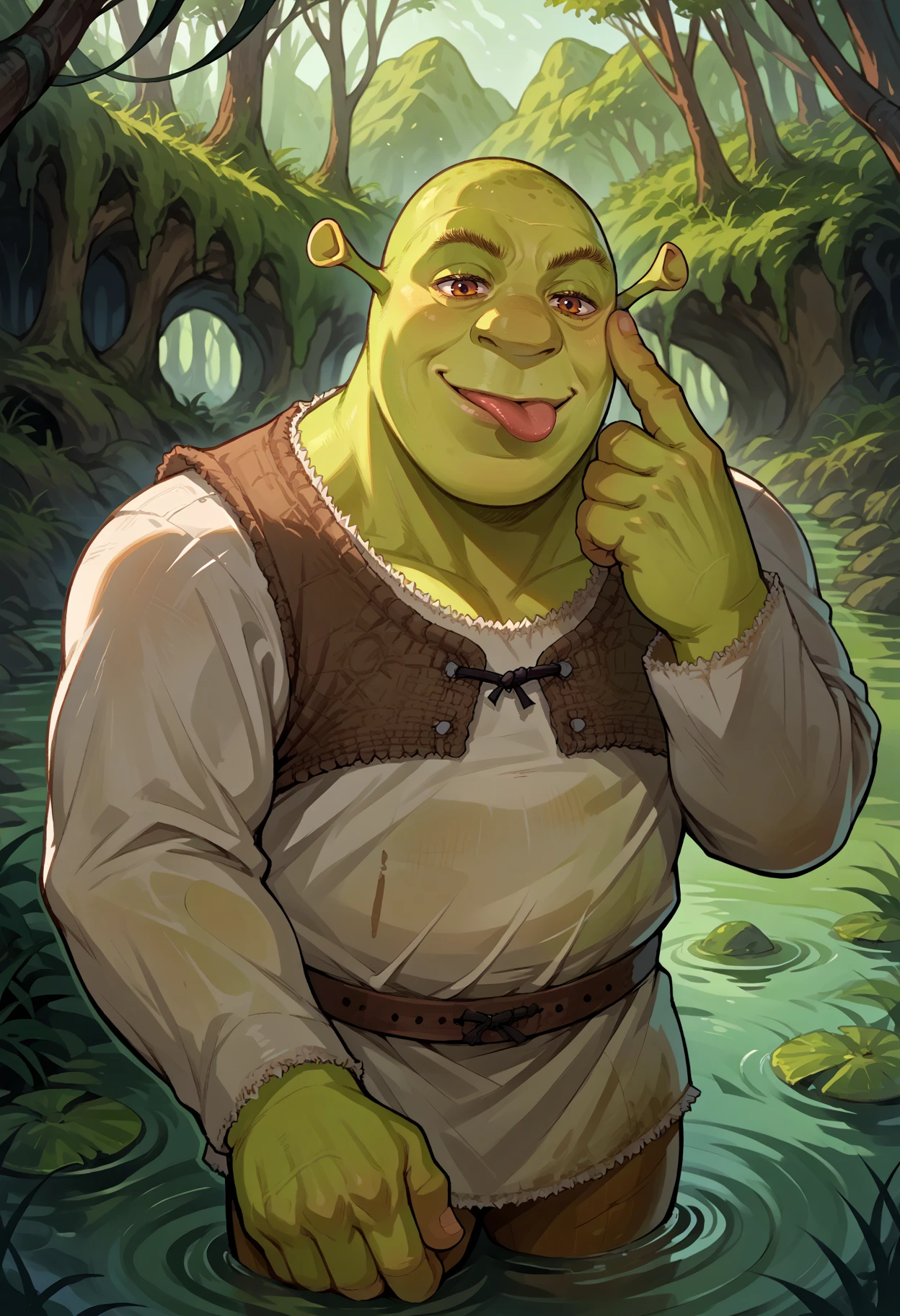 score_9, score_8_up,score_7_up, source_anime, 1boy, solo, akanbe, eyelid pull, tongue out, hand on own face, hand up, closed mouth, smile, muscular male, toned, 
 <lora:Shrek_XLPD:1> shrek, green skin, 
outdoors, swamp,
<lora:aknb_pdxl_EliPot:1>