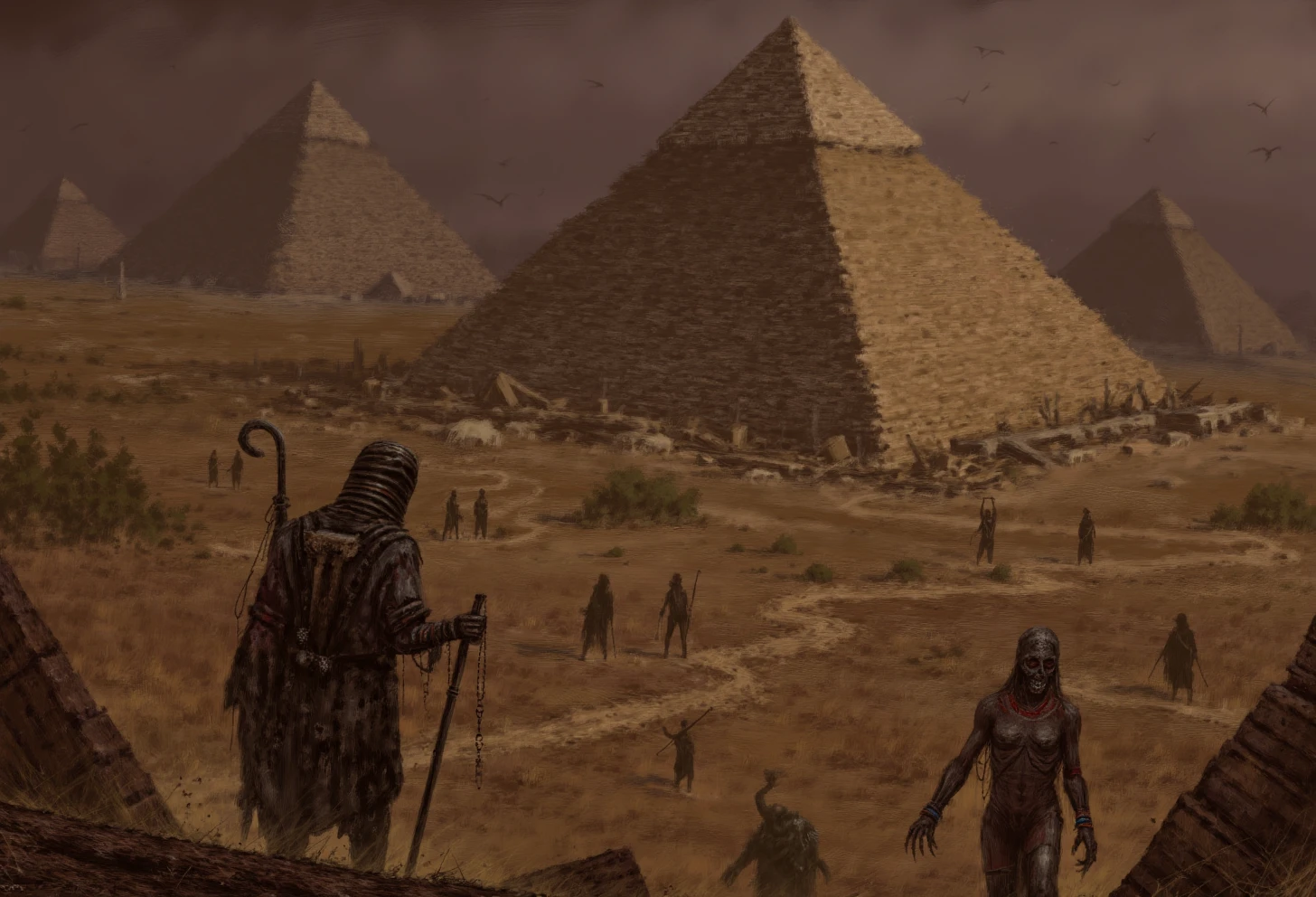 a digital painting rendered in a dark, gritty, and surreal style, a top down view of the pyramid of egypte but they are in decay by the time,undead mummy and pharaons are coming back to haunt, decay and death in the air,