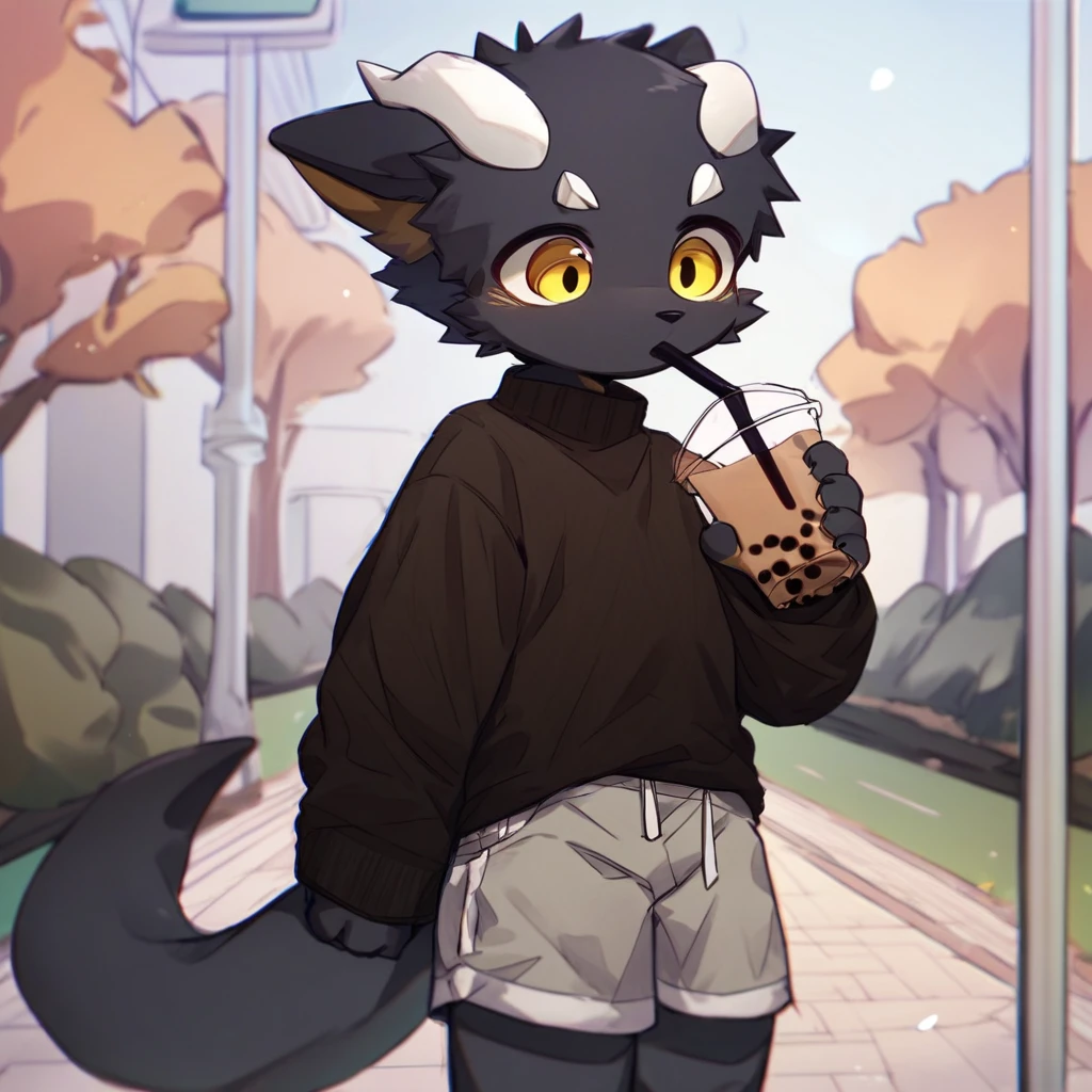 score_9_up, score_8_up, score_7_up, source_furry, mikus-ka_kuwu, black dragon, black body, white horns, yellow eyes, park, holding, bubble tea, black sweater, gray shorts, 1boy, solo