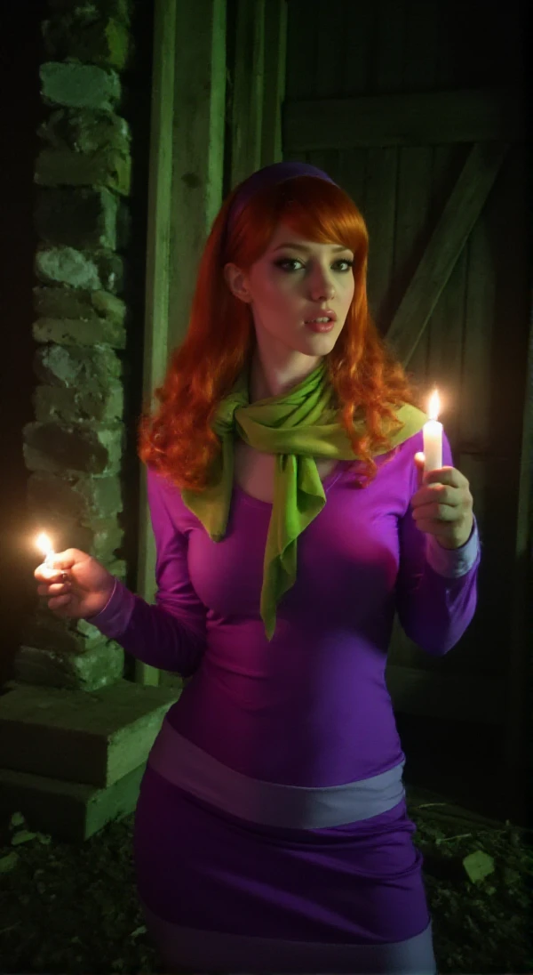 full body Daphne Blake,wears headband and purple dress and green scarf, is holding a lit up candle in the dark. She is in a very dark creepy forest <lora:Daphne_Blake:0.9>