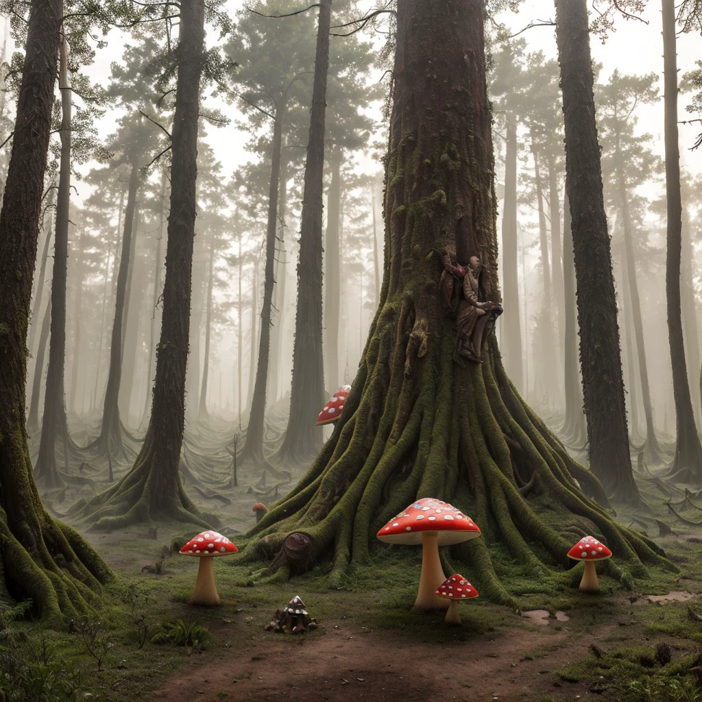 masterpiece, intricate photo, giant toadstools in the forest of the dystopian wasteland, photo realistic, hyper realistic, highly detailed, sharp focus, cozy outdoor lighting, colorful, friendly colors, best quality, high resolution, 8K