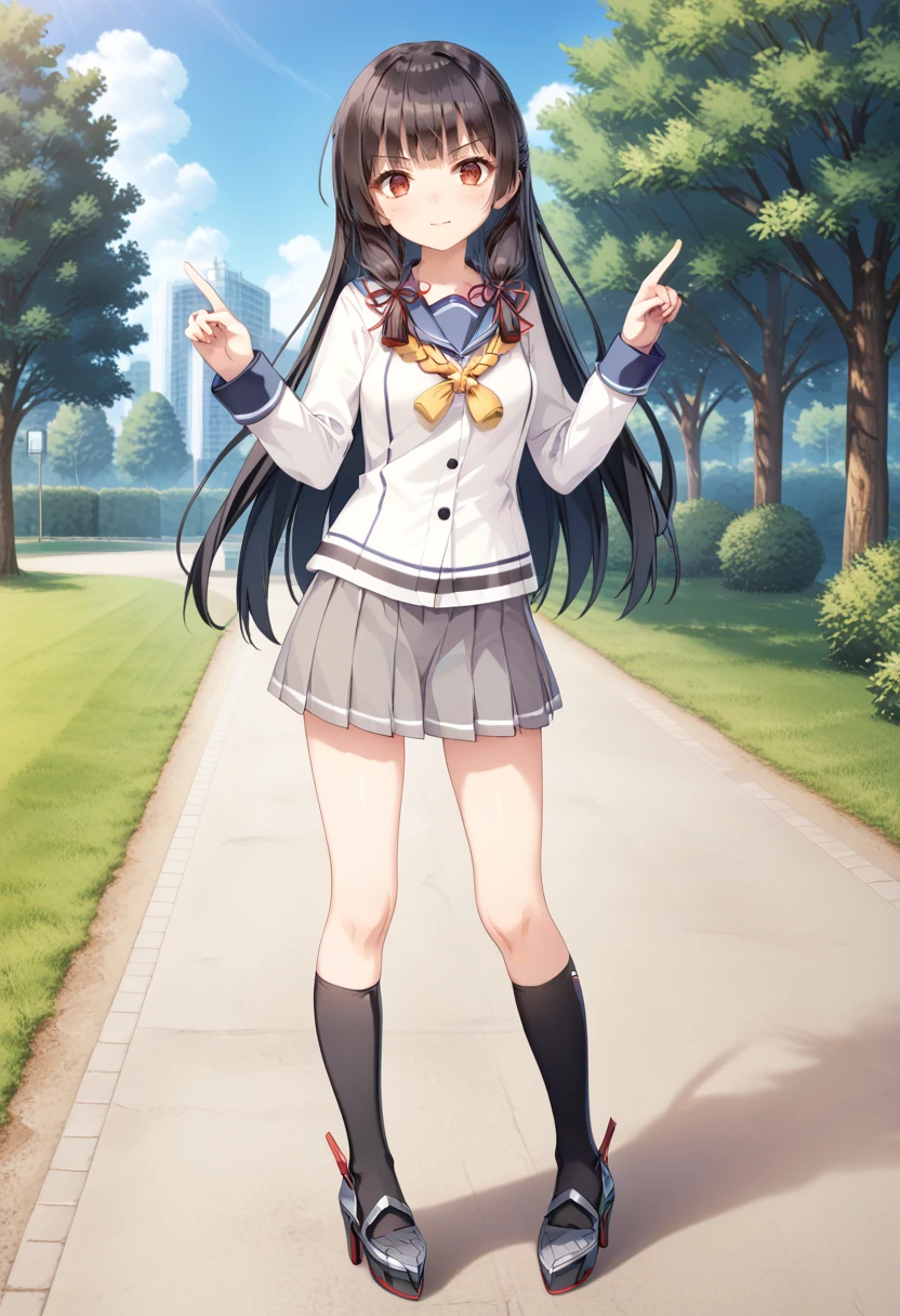 standing, park, full body, standing,     <lora:KC_01DD_isokaze_pony-000032:1> isokazekc, black_hair, long hair, bangs, sidelocks, tress ribbon, red ribbon, red eyes,             isokazekaikc, serafuku, white serafuku, yellow neckerchief, long sleeves, grey skirt, black thighhigh, single thighhigh, black socks, grey shoes, score_9,score_8_up, score_7_up, source_anime, masterpiece, best quality,  official art, official style, game cg, megami magazine, rating_safe, rating_questionable, NEGATIVE_HANDS,  <lora:DetailedPerfect_hands_r1:1>