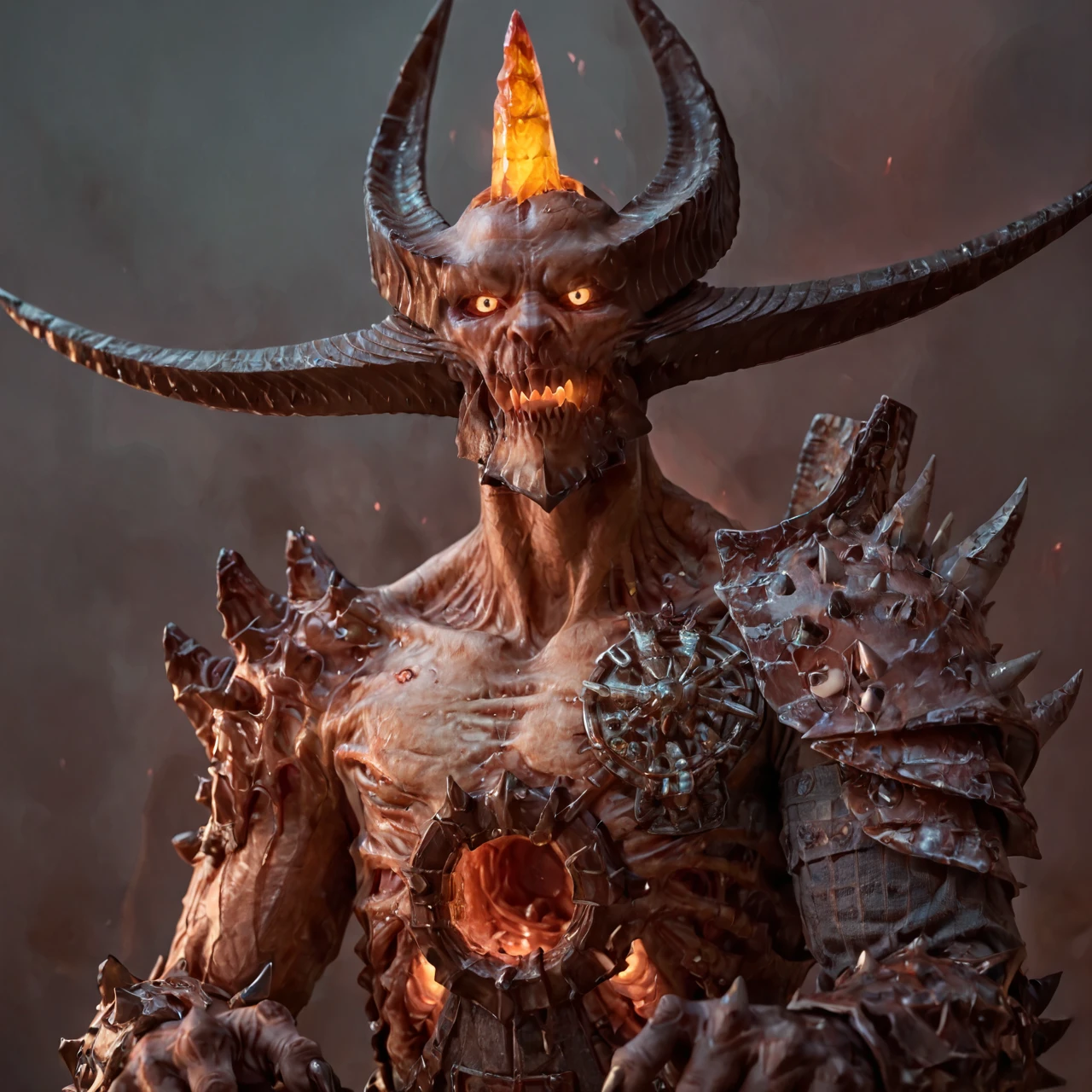 score_9, score_8_up, score_7_up, score_6_up, astaroth_d4, horns, glowing horn, glowing hole on stomach, hole on body, claws, spikes, armor, rusted pauldron, demon, sharp brown teeth, detailed teeth, lipless, detailed eyes, colored sclera, ribs, 
<lora:Astaroth_diablo_4:0.7>