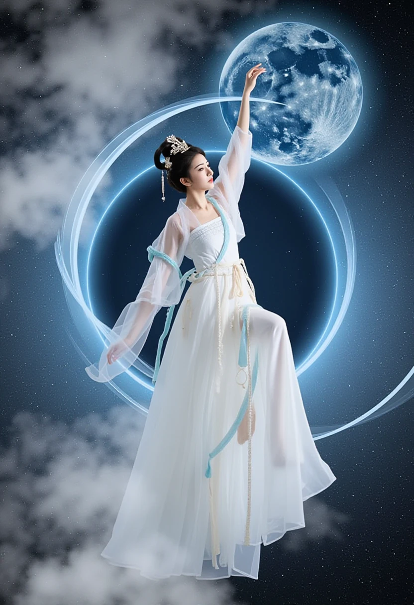 changexianzi, This is a digital photograph of a young Asian woman dressed in traditional Chinese attire, featuring a celestial and ethereal theme. The woman is suspended in mid-air, with her right arm gracefully extended upwards and her left arm slightly bent. She wears a flowing, long-sleeved long skirt predominantly in white, adorned with delicate blue and gold accents. The fabric appears to be made of a semi-transparent, gossamer-like material, which billows around her as if caught in a gentle breeze, creating a sense of movement and lightness. The background is a dark, starry night sky with a large, glowing full moon in the center, casting a soft, blue light that illuminates the woman from behind. Wisps of smoke or mist swirl around her, adding to the mystical atmosphere. The woman's hair is styled in a traditional Chinese updo with ornate hair accessories, and she wears minimal makeup, emphasizing her natural beauty. The overall color palette is dominated by cool tones, with blues, whites, and silvers, creating a serene and otherworldly ambiance. The photograph is highly detailed, with a focus on the texture of the fabric and the subtle lighting effects that enhance the depth and realism of the scene.
