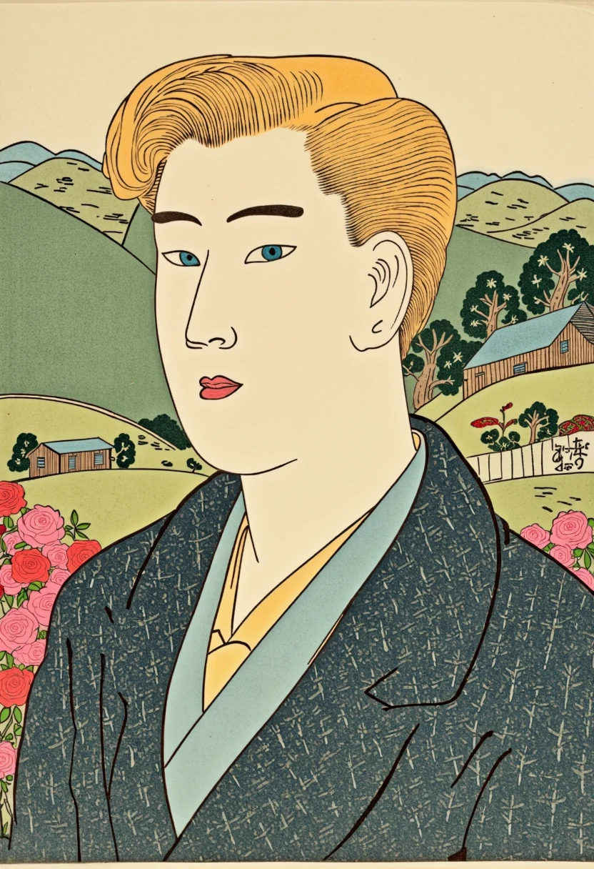 a portrait of a British man with blonde hair in the Shunga art style, blending classic British and Japanese artistic elements. The man has fair skin, soft blonde hair styled neatly, and piercing blue eyes. He wears a traditional tweed suit with subtle checkered patterns, reflecting British elegance. The background features rolling hills and countryside cottages, with soft touches of roses and ivy. The Shunga style is captured through fluid line work, muted colors, and graceful detailing, emphasizing the refined yet sensual nature of the portrait.