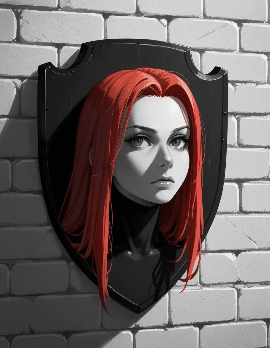 Silhouette style score_9, score_8_up, score_7_up, score_6_up, score_5_up, score_4_up, 1girl, long red hair, plump, hud_tr0phy, trophy head, brick wall <lora:hud_tr0phy_XLP2:0.8>,  . High contrast, minimalistic, black and white, stark, dramatic