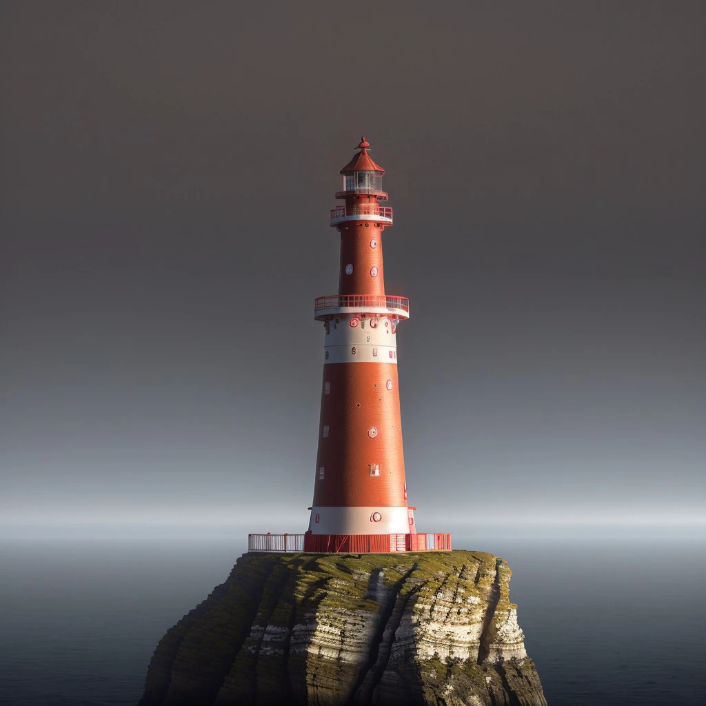 masterpiece, full scale wide photo, intricate photo, precisely detailed lighthouse with red-white colored ring-sections in the ocean on a rock by night, hazy fog on the water surface, blue neon backlight, photo realistic, hyper realistic, highly detailed, sharp focus, high resolution, best quality, colorful, friendly colors, cozy outdoor lighting, 8K