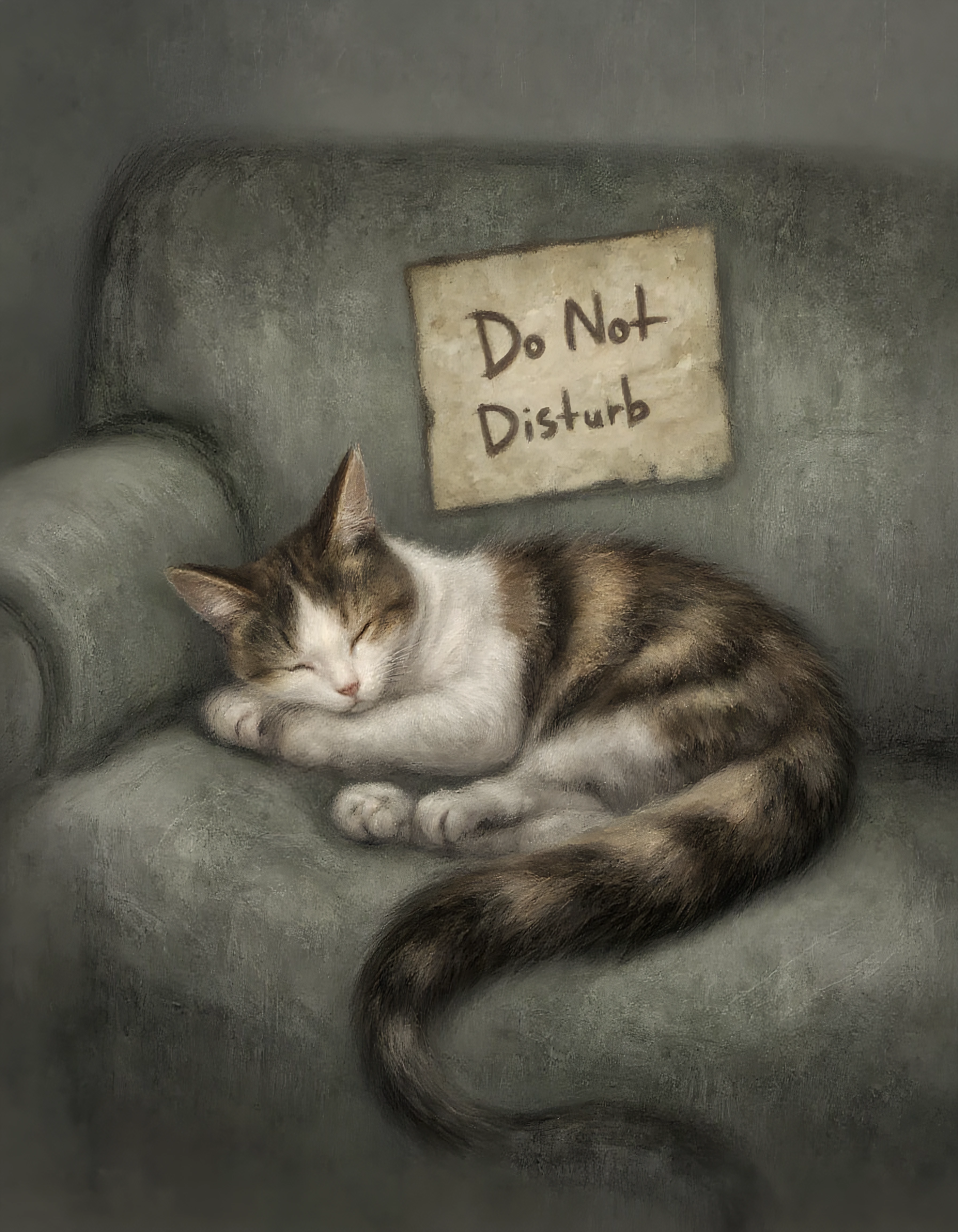 <lora:fantasy_illustration_style_flux:1> A cat sleeping on the sofa, next to it a note says "Do Not Disturb", soft edge illustration