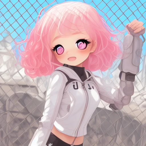 flying sweatdrops, blush stickers, bodysuit, eyelashes, chain-link fence, white jacket, 2girls, midriff, bread