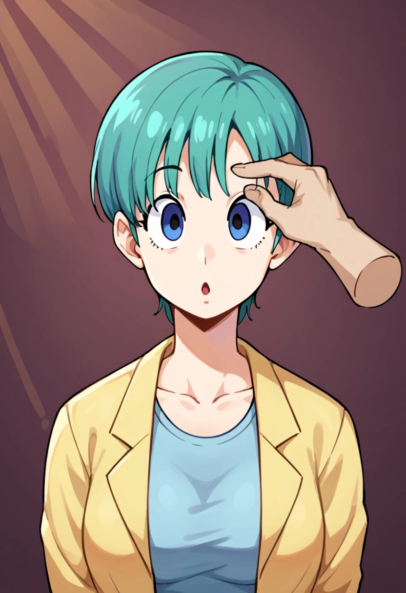 score_9,score_8_up, score_7_up, source_anime, rating_questionable, 1girl, bulma, finger_to_forehead, f1nger_f0rehead, mind_control, empty_eyes, disembodied_limb, crossed_eyes, looking_up, head_up <lora:Finger_to_forehead_-_Hypnosis_-_Pony:1.0>