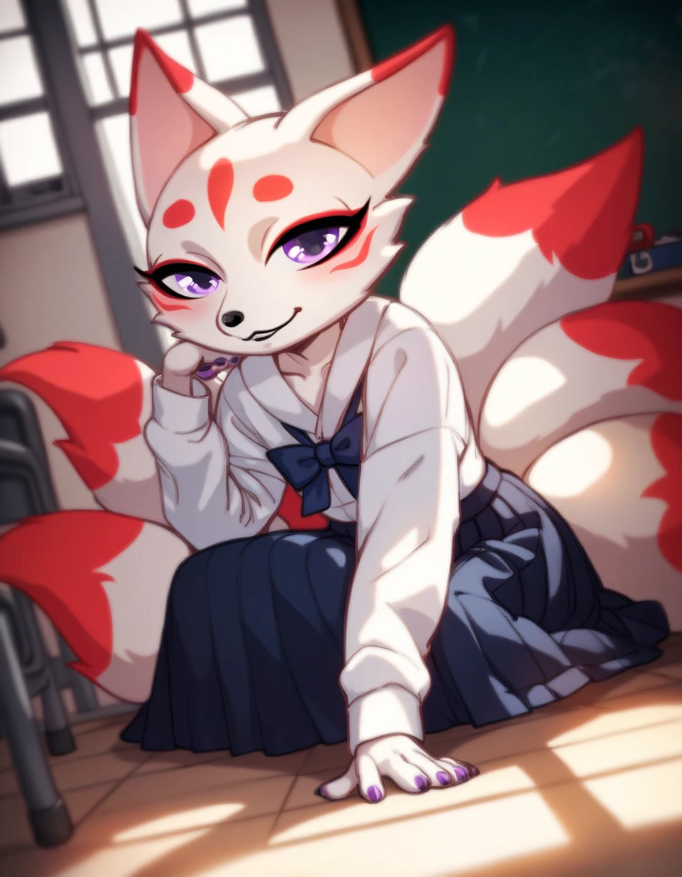 score_9, score_8_up, score_7_up, score_6_up, score_5_up, score_4_up, source_furry
Kumiko, white fur, purple eyes, kitsune, 5 tail, white shirt, purple long  skirt, school room, school blackboard,
<lora:Kumiko_XL:0.9>