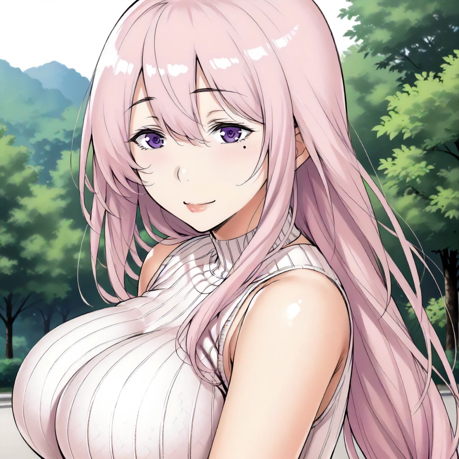 <lora:ToY_AkoNijyouXLpony001>,
outdoors,nature,
smile,
solo,
AkoNijyou,1girl,pink hair,long hair,purple eyes,
one mole under eye,
low-tied long hair,
large breasts,
ribbed sweater,sleeveless,
upper body,