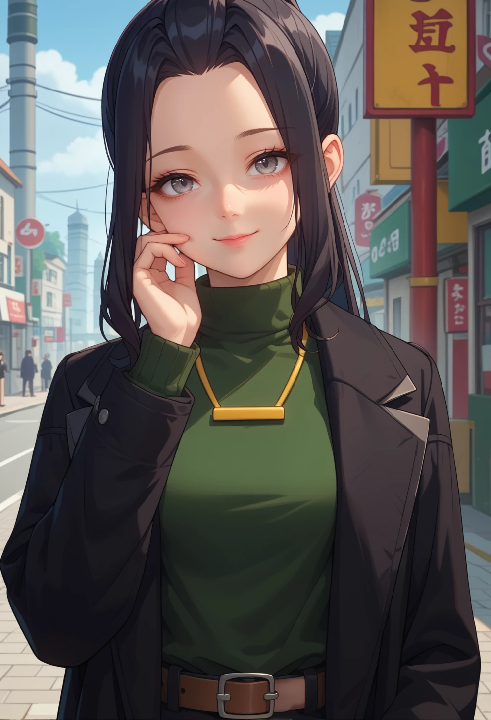 score_9, score_7_up, source_anime, BREAK solo,  <lora:AECaroni:0.7> AECaroni, grey eyes, black eyes, black hair, forehead, long hair, mole under eyes, ponytail, sidelocks, black coat, long sleeves, green sweater, turtleneck sweater, necklace, belt, black skirt, long skirt, portrait, 
smile, ara ara, hand on own face, head tilt,