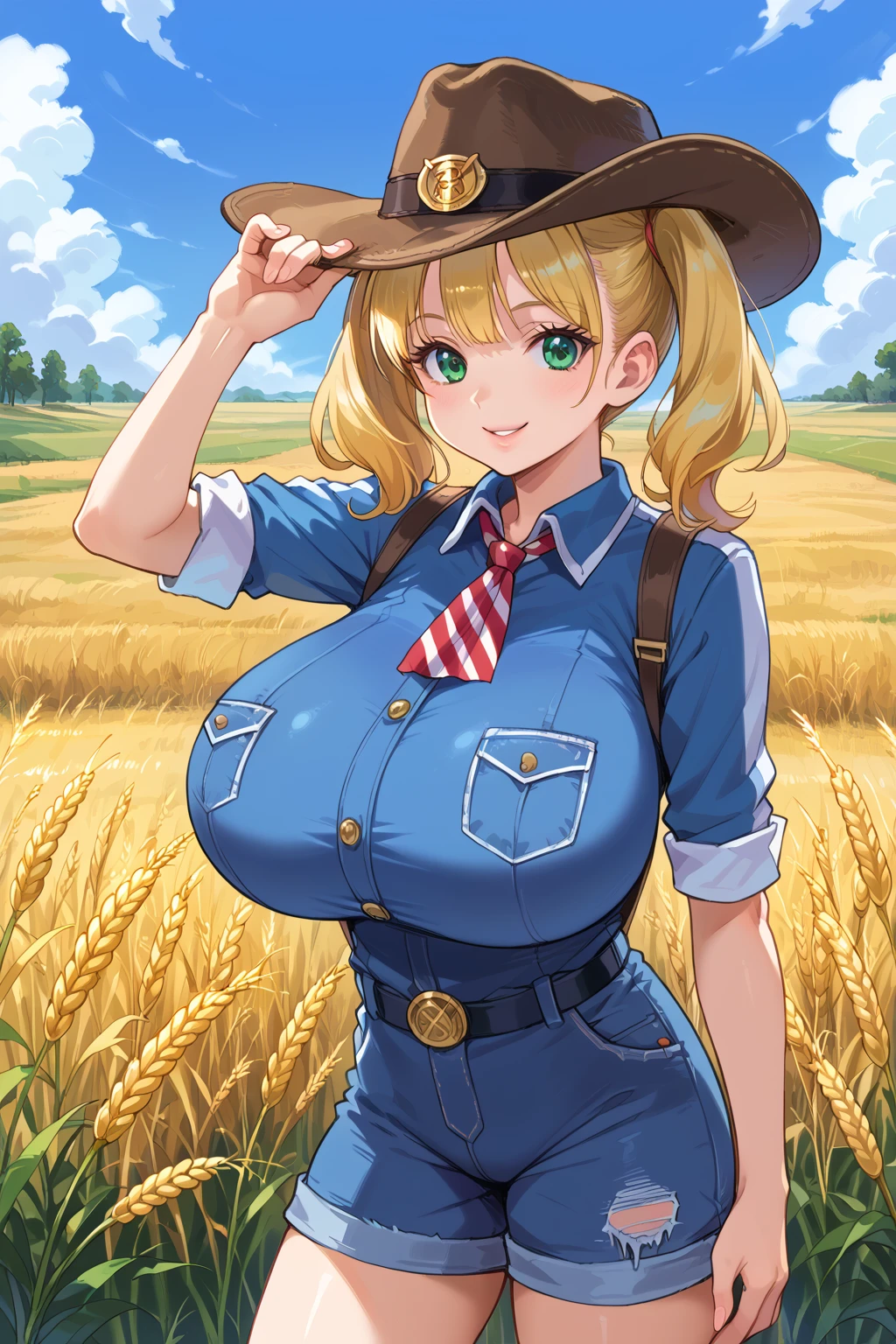 score_9, score_8_up, score_7_up, source_anime, BREAK, <lora:Short JumpsuitPony:0.6>, (short jumpsuit), denim jumpsuit, twintails, cowboy hat, field, wheat, looking at viewer, gigantic breasts, adjusting headwear, smile, lips