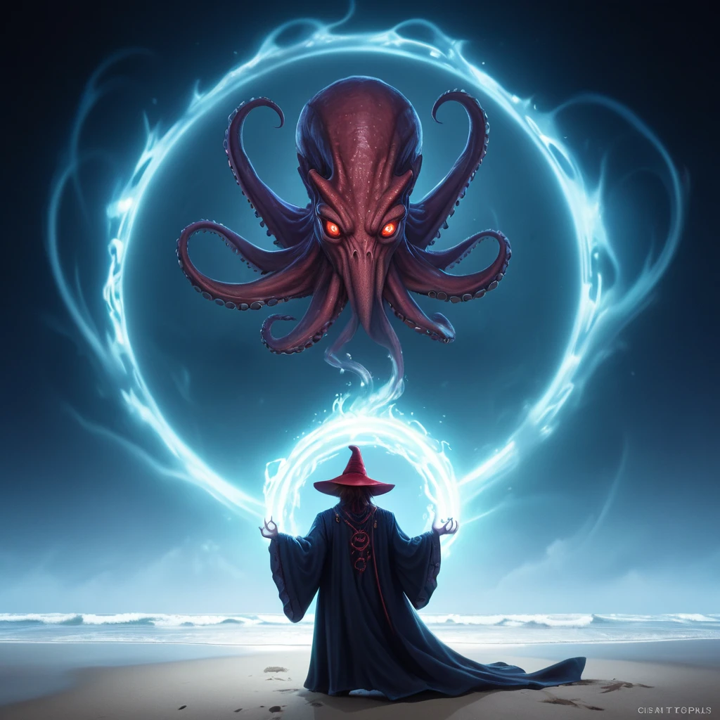 Cinematic shot of a witch with red hair and wearing red magical robe and hat, (summoning a giant Octopus with tentacles arms from a big blue glowing portal:1.2), the giant ocotpus is slowly appearing from the portal and enering our world, summoning portal, beach in background, masterpiece, best quality, highly detailed, sharp focus, dynamic lighting