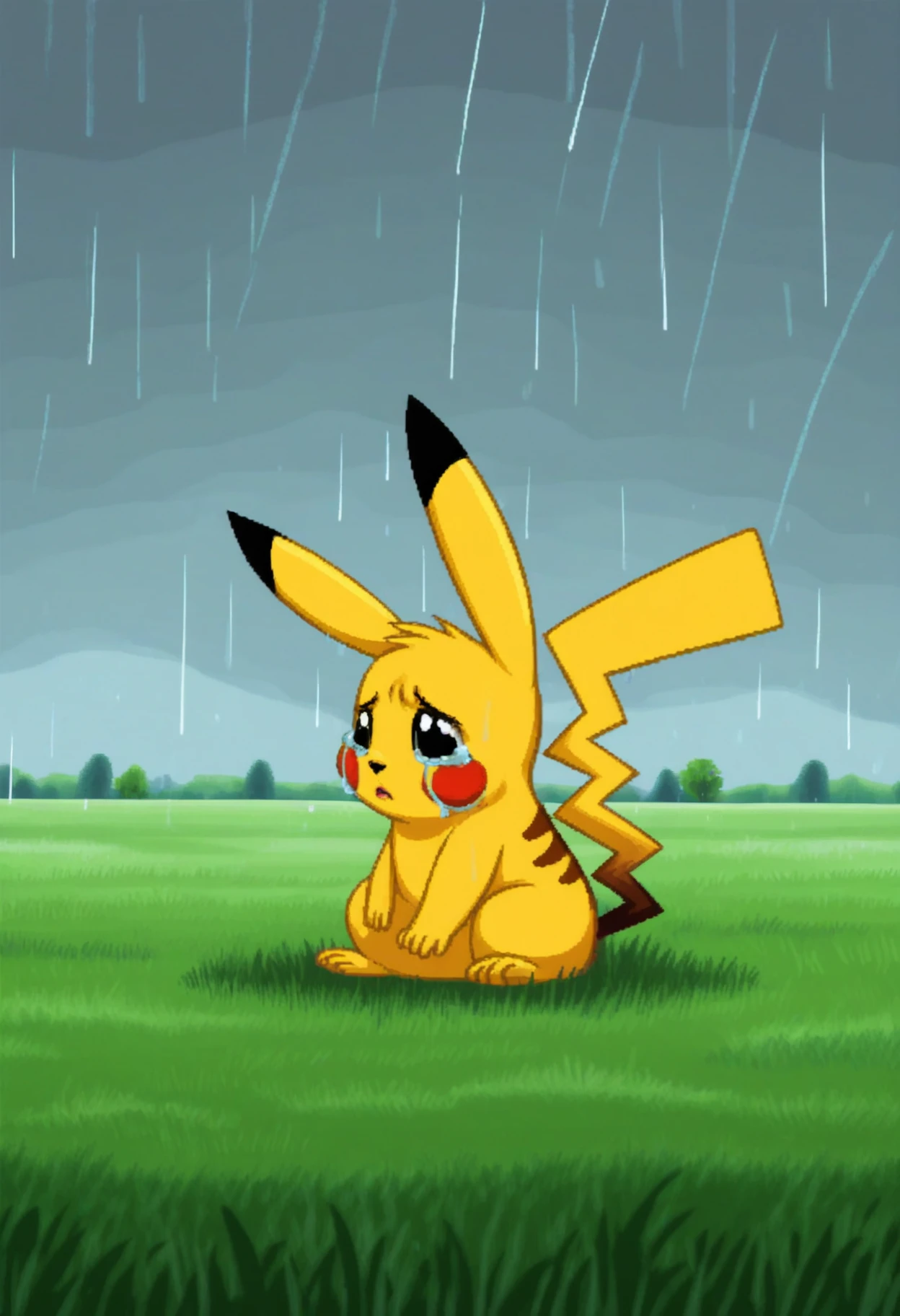 dottstyle, solo, pikachu, pokemon (creature), sad, crying, rain, sitting, field