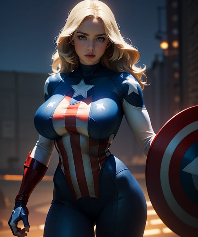 (masterpiece:1.2), best quality, (realistic:1.2), (1girl:1.5), (americandream:1.5), blonde hair, long hair, blue eyes, (red_lipstick:1.2), (ADUnmasked:1.5), superhero, bodysuit, (star (symbol):1.5), (adshield:1.5), (shield:1.2), (red_fingerless_gloves:1.2), (white_sleeves:1.5), (blue_shoulders:1.2), (huge_breasts:1.2), curvy, (dramatic_lighting:1.2), (cowboy_shot:1.5), (American_flag:1.5), <lora:AmericanDreamV1:1>