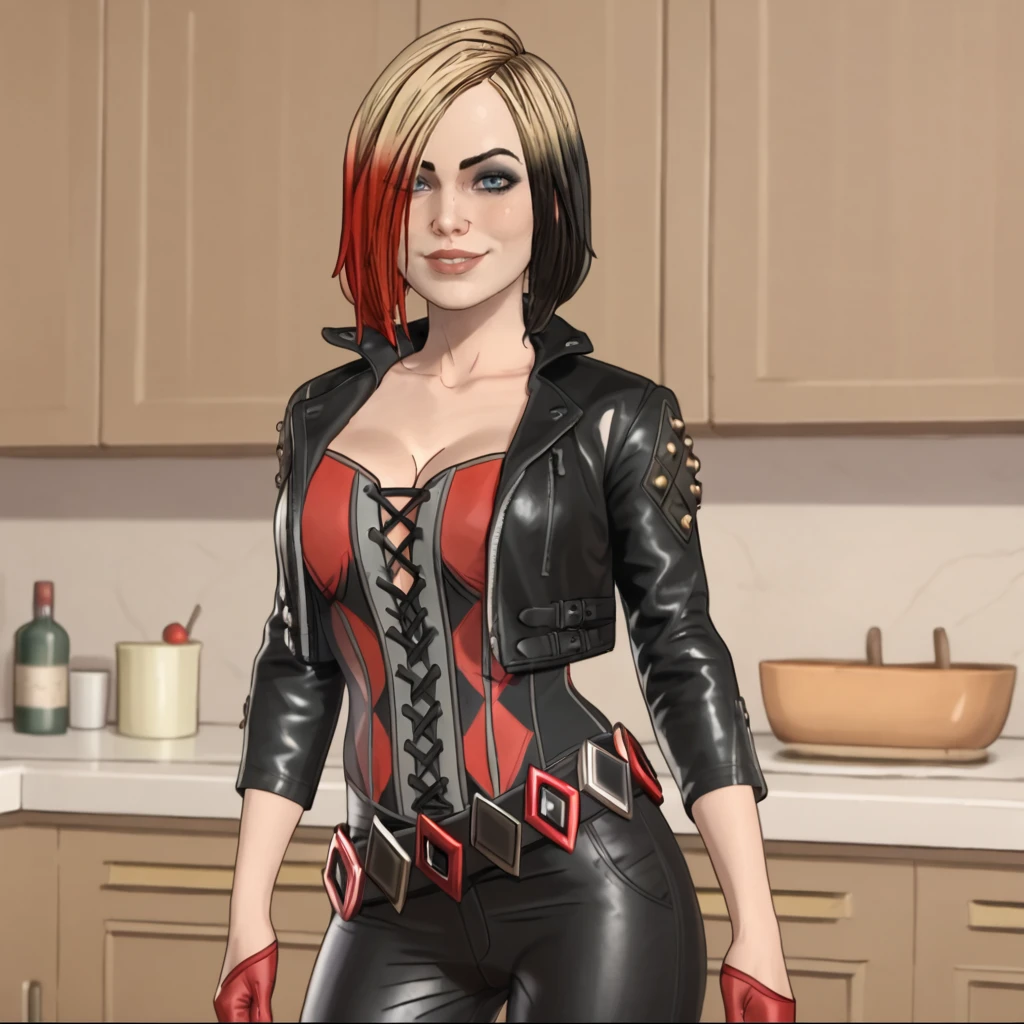 <lora:harleyquinntelltale_pony_v1:.9>  HarleyQuinnNoMakeupTelltale, 1girl, cleavage, belt, corset, open jacket, hair over one eye, makeup, lips, leather pants, red gloves, short blonde multicolored two-tone red hair, leather cropped jacket, large breasts