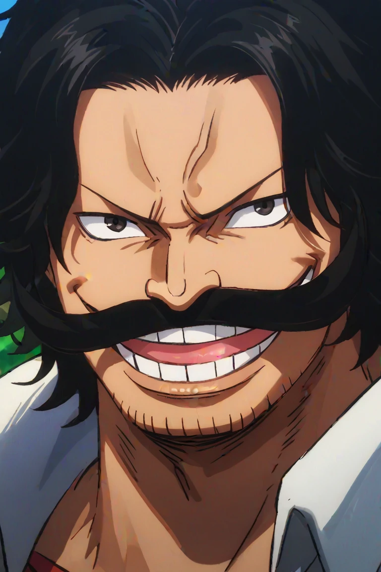 score_9, score_8_up, score_7_up, source_anime, rating_safe, male focus, RogerOP, black_Roger_hair, black_Roger_facial hair, black_Roger_eyes, headwear removed, wide smile, teeth, tongue, 1boy, anime screencap, cute wallpaper