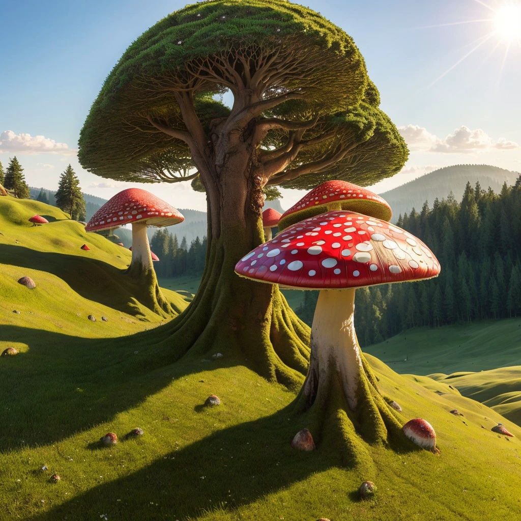 masterpiece, intricate photo, giant toadstools in the green hills, photo realistic, hyper realistic, highly detailed, sharp focus, cozy outdoor lighting, colorful, friendly colors, best quality, high resolution, 8K