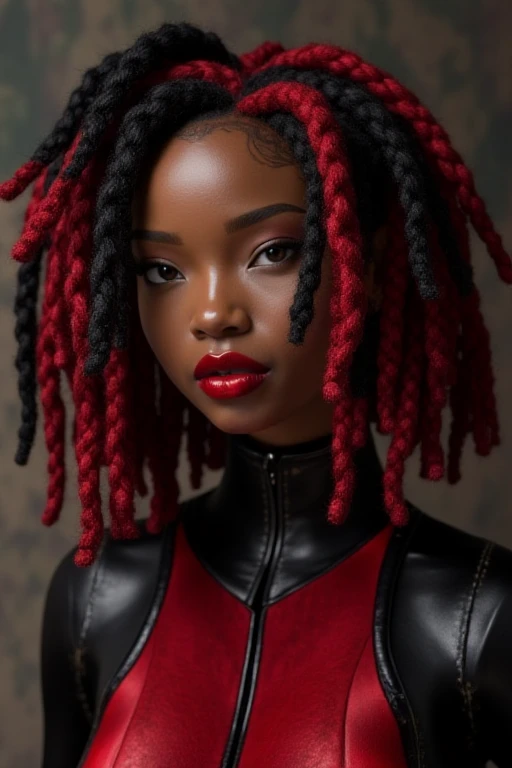 a high quality 4k detailed photo of a woman with red and black dreads wearing AmeshinTHERE fashion