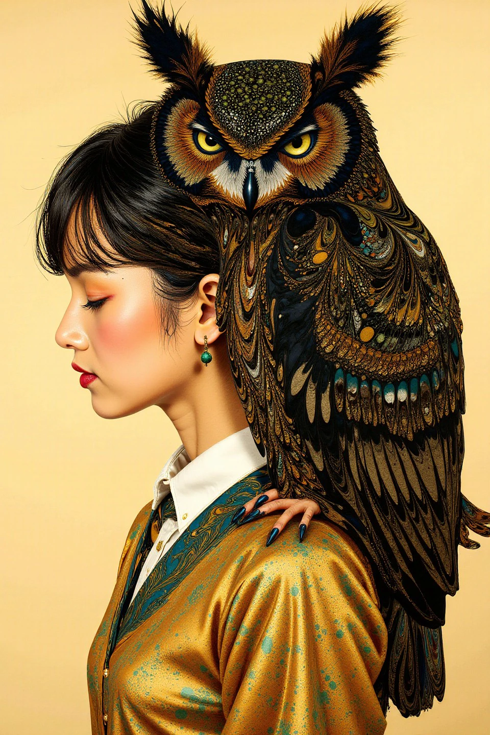 A sumptuous illustration depicting black owl perched on the shoulder of a Thai schoolgirl. The overall feel of the image is painterly. Additionally the image incorporates elements of mixed media such as flowing lines drawn with fine pens and appliqued copperleaf. The general effect is of timeless fine art elegance.. <lora:Paper_Marbling_Flux:1>