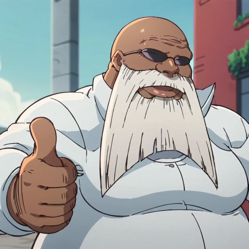 score_9, score_8_up, score_7_up,anime screencap, 1boy, male focus,solo,bald head ,facial hair, beard,  fat,  fat man,  mustache,sunglasses,smile, men's business suit,jacket,thumbs up<lora:pepesama:0.8>