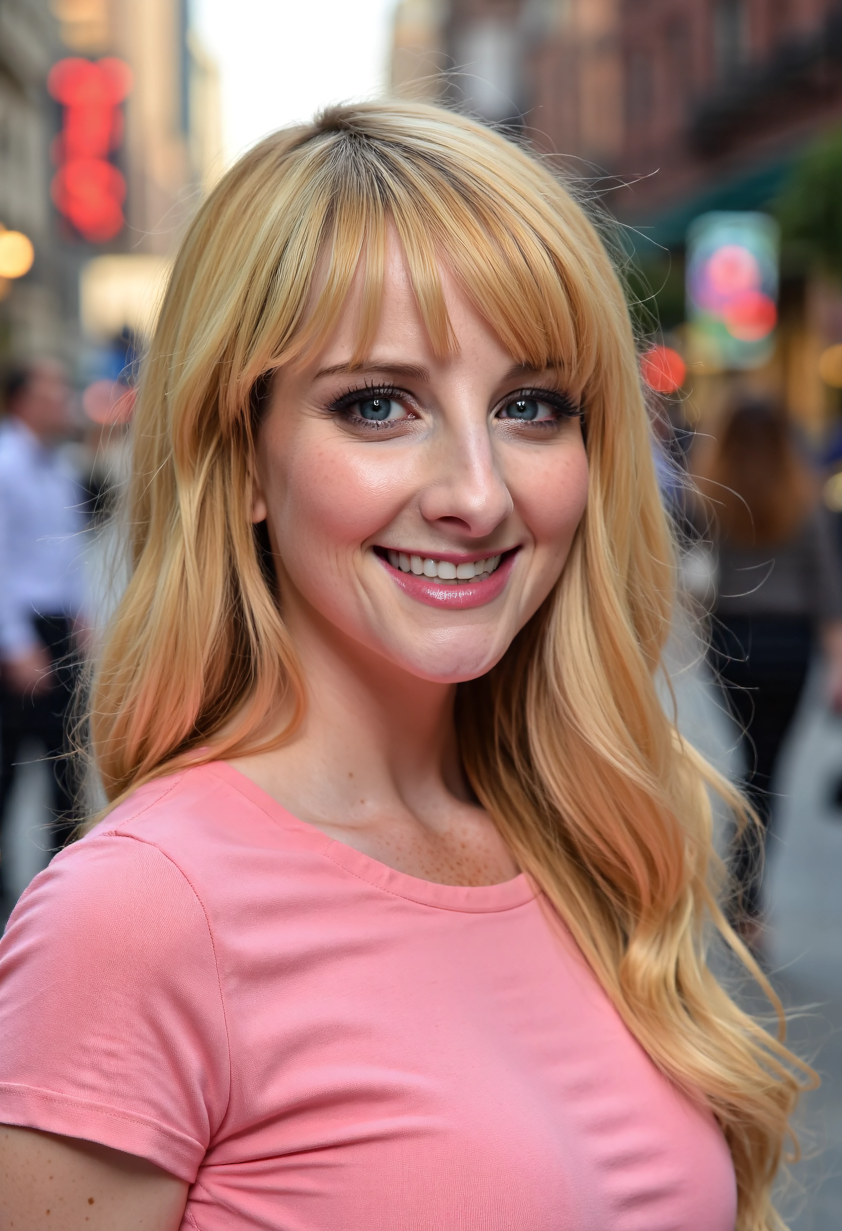 The image is a portrait of Melissa_Rauch woman posing for a photo ,She has blonde long hair,She is wearing a pink tshirt, she is in the new york city,She has a smile on his face, Upper body photo. She is looking at viewer. Amateur photography