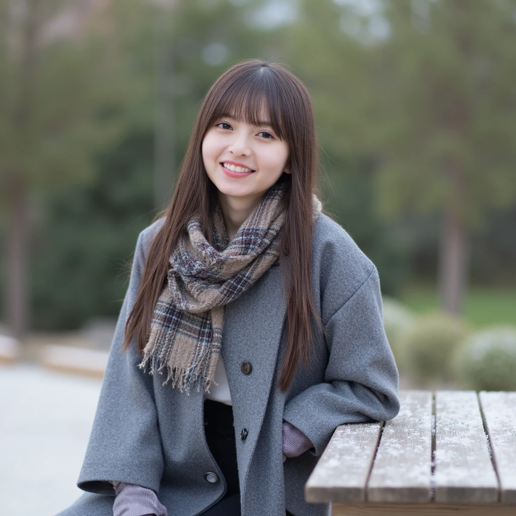 ASUKA, The image is a portrait of a young woman sitting on a wooden bench. She is wearing a gray coat and a plaid scarf around her neck, pale skin. Her hair is styled in a straight hair, half-down with bangs. The background is blurred, but it appears to be an outdoor setting with trees and greenery, snowing. The lighting is soft and natural, creating a peaceful and serene atmosphere.
photography works, Soft lighting. 