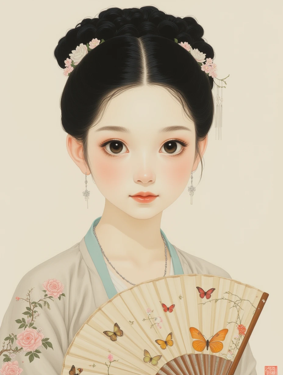 gongbihua,

A girl with smooth black hair in a braided chignon, round expressive eyes, wearing a Han dynasty blouse with butterfly embroidery, a silver necklace, and delicate floral hairpins, holding a small silk fan.
