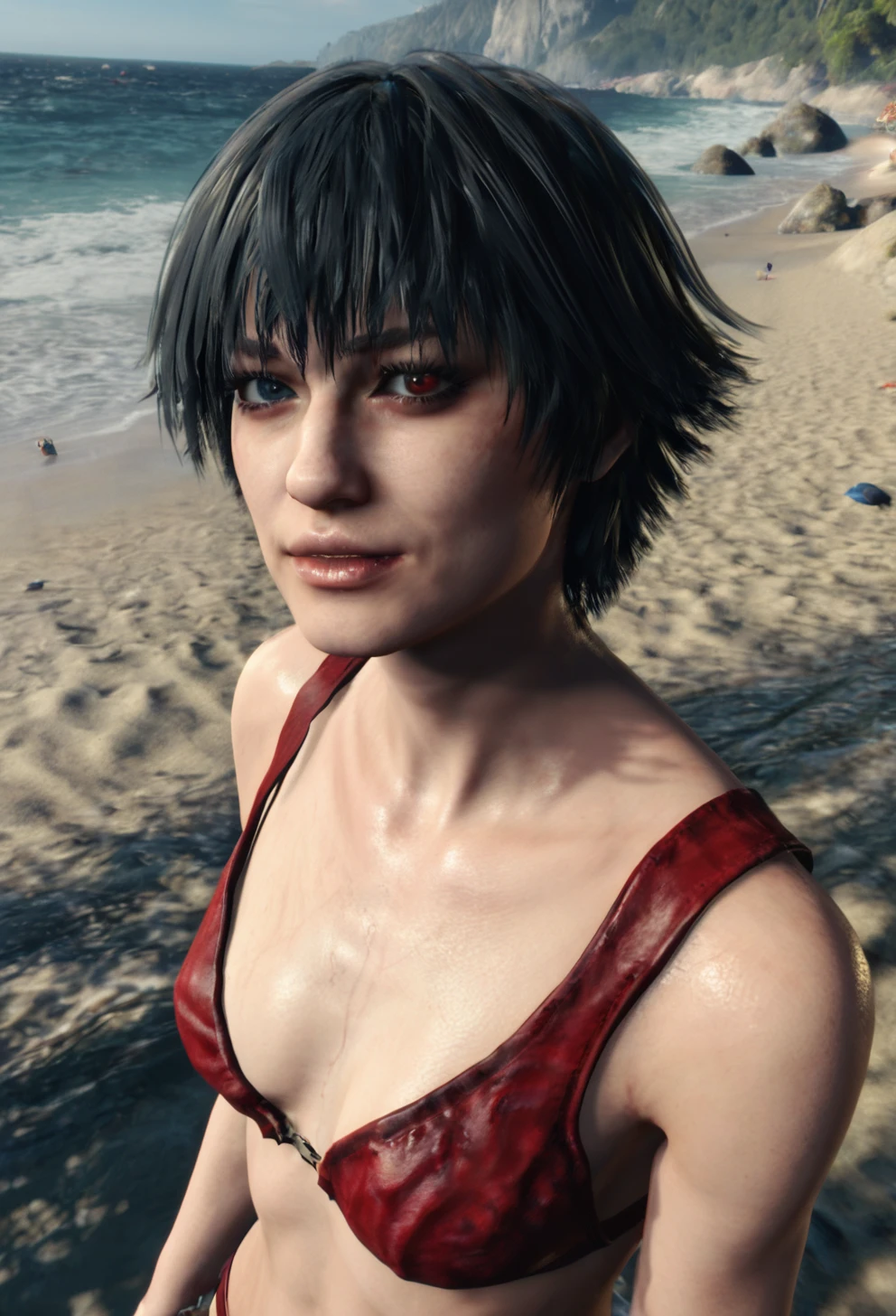 score_9,score_8_up,score_7_up, realistic,lady_devil_may_cry, devil may cry 5, short hair,black hair,scar,heterochromia, 3d,cgi game <lora:lady_devil_may_cry:1>  wearing a sexy red bikini,beach,4k