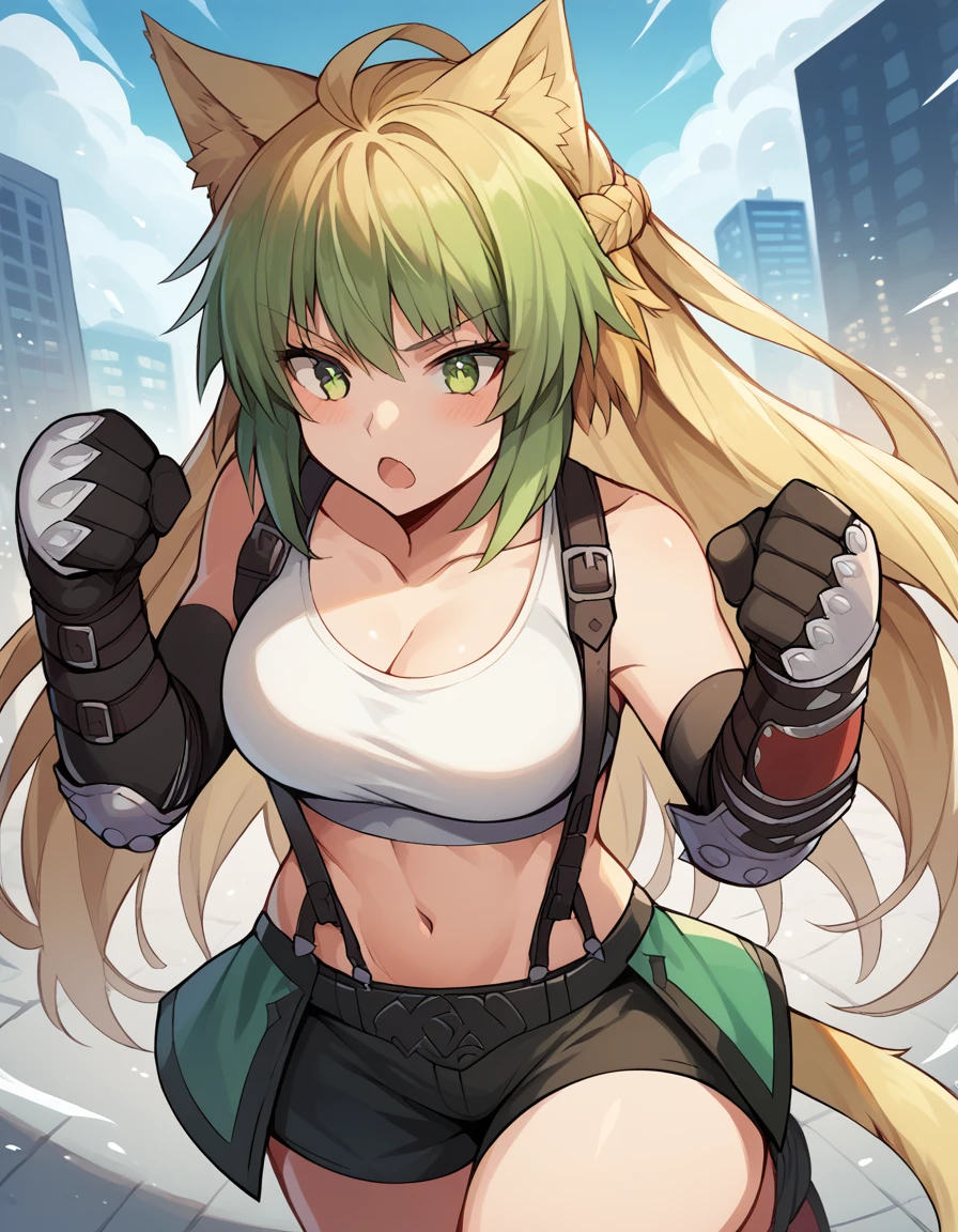 score_9, score_8_up, score_7_up, source_anime, <lora:fgo-atalanta-ponyxl-lora-nochekaiser:1>, atalanta, animal ears, blonde hair, cat ears, cat girl, cat tail, green eyes, green hair, hair between eyes, long hair, multicolored hair, tail,, <lora:tifa-lockhart-cosplay-ponyxl-lora-nochekaiser:1>, tifalockhartcosplay, tifa lockhart (cosplay), suspender skirt, suspenders, navel, midriff, white tank top, cleavage, elbow pads, crop top, tank top, shorts, short shorts, collarbone, gloves, elbow gloves,, cityscape, street, blush, open mouth, fighting stance, leg lift, leg up, , cowboy shot, dutch angle