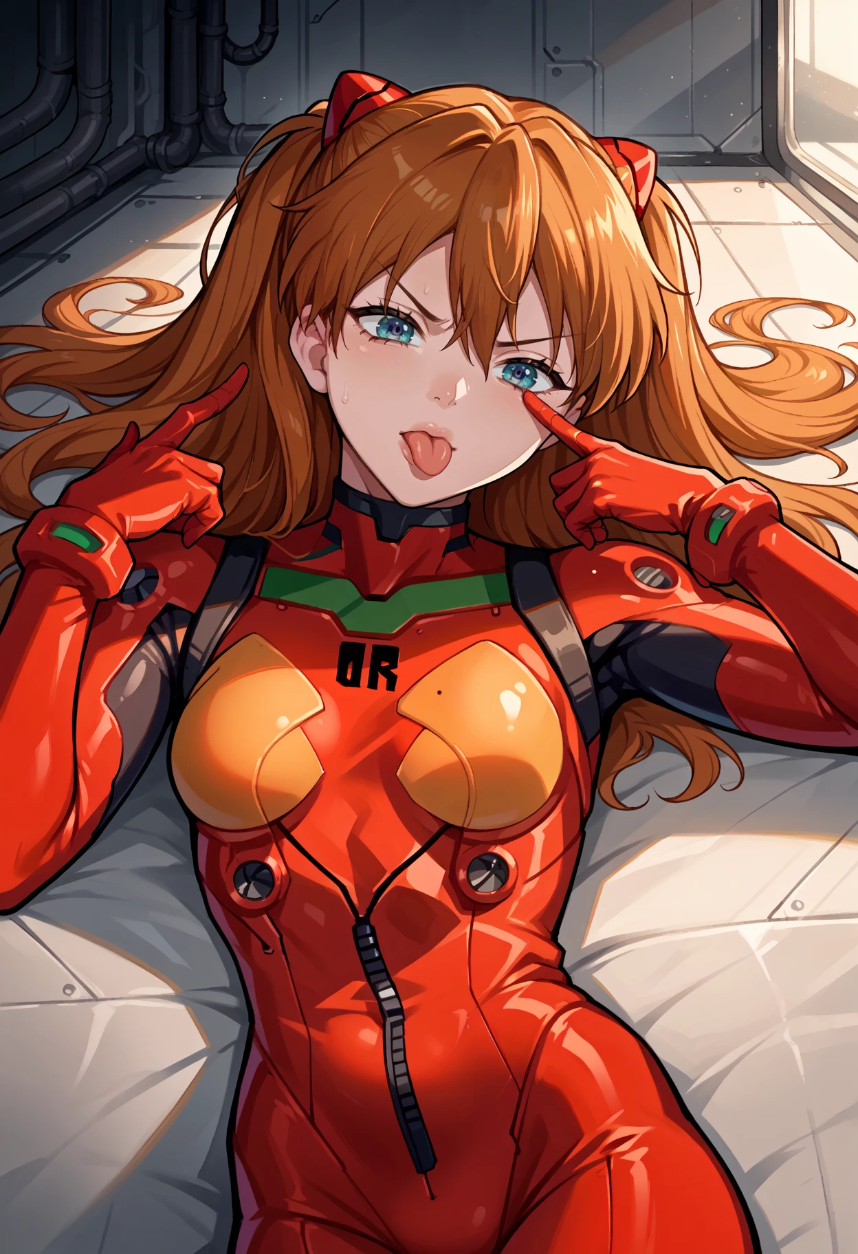 score_9, score_8_up,score_7_up, source_anime, 1girl, solo, akanbe, eyelid pull, tongue out, hand on own face,hand up,
souryuu_asuka_langley , plugsuit,red bodysuit,
lying, closed mouth, v-shaped eyebrows, 
scifi spaceship corridor, futuristic corridor, metallic blast doors, industrial pipe, metallic walls, cold colors ,
<lora:aknb_pdxl_EliPot:1>