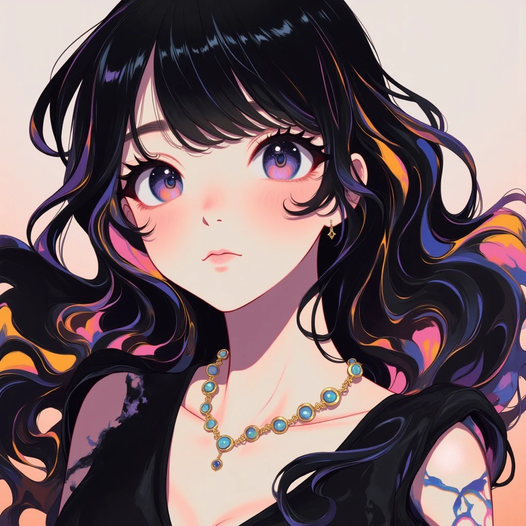 score_9, score_8_up, score_8_up, FFAIM, 1woman, colorful, beautiful, black hair,