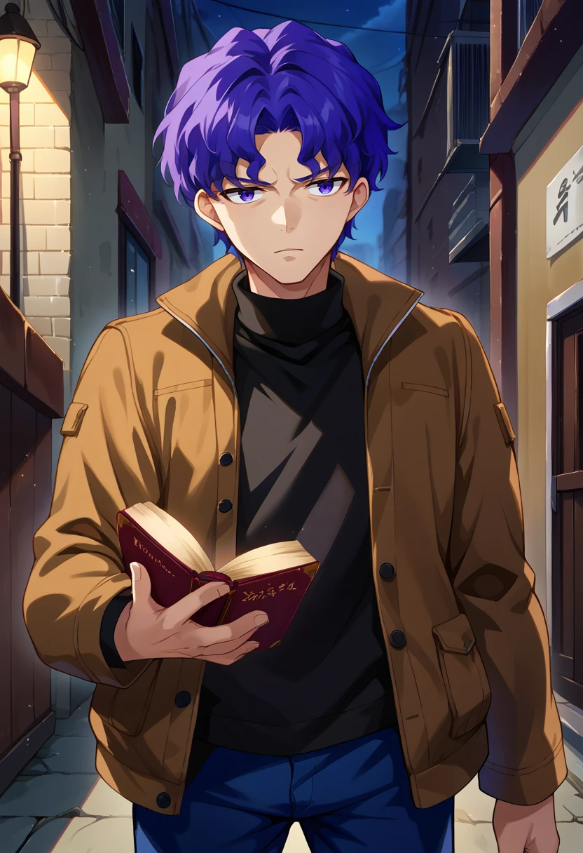 score_9, score_8_up, source_anime, 1boy, solo, ShinjiHeaFee, purple eyes, purple hair, wavy hair, short hair, parted bangs, black turtleneck, brown jacket, open jacket, blue pants, holding book, dark, alley, night, <lora:ChamMatouShinjiPonyXL:1>