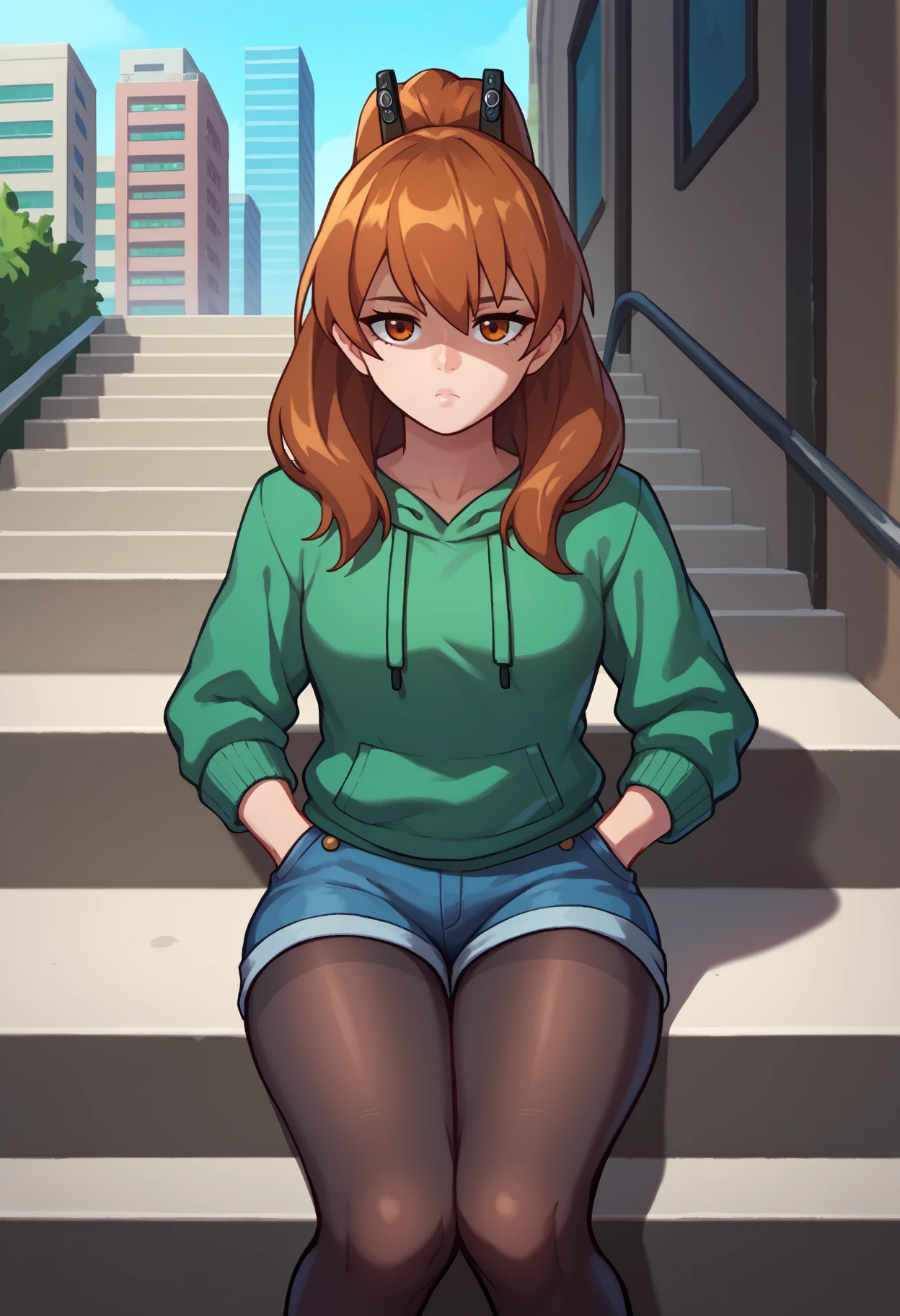 score_9, score_8_up, score_7_up, <break> solo, 1girl, agkseryu, expressionless, looking at you, sitting, stairs, hands in pockets, long hair, brown hair, ponytail, brown eyes, green hoodie, blue shorts, denim shorts, black pantyhose, outdoors, city
<segment:yolo-face_yolov8m.pt,0.4,0.5//cid=1>