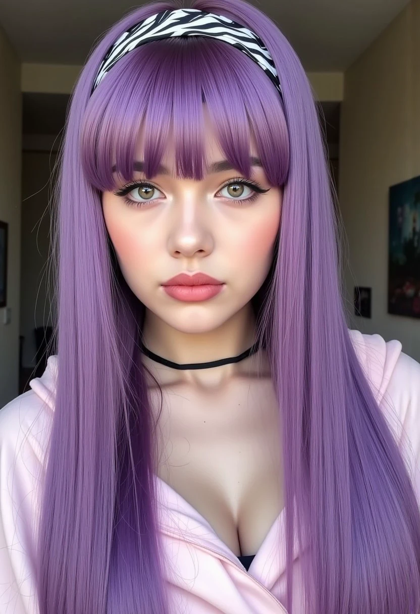 This is a photograph of a young punk woman. She has purple long hair and clear eyes. She has a fair complexion and long, straight, light brown hair with bangs that frame her face which appears to be a light pink hoodie. She is european pale skin. She has a delicate, heart-shaped face with a small nose, full lips, and light pink lipstick, zebra pattern headband,