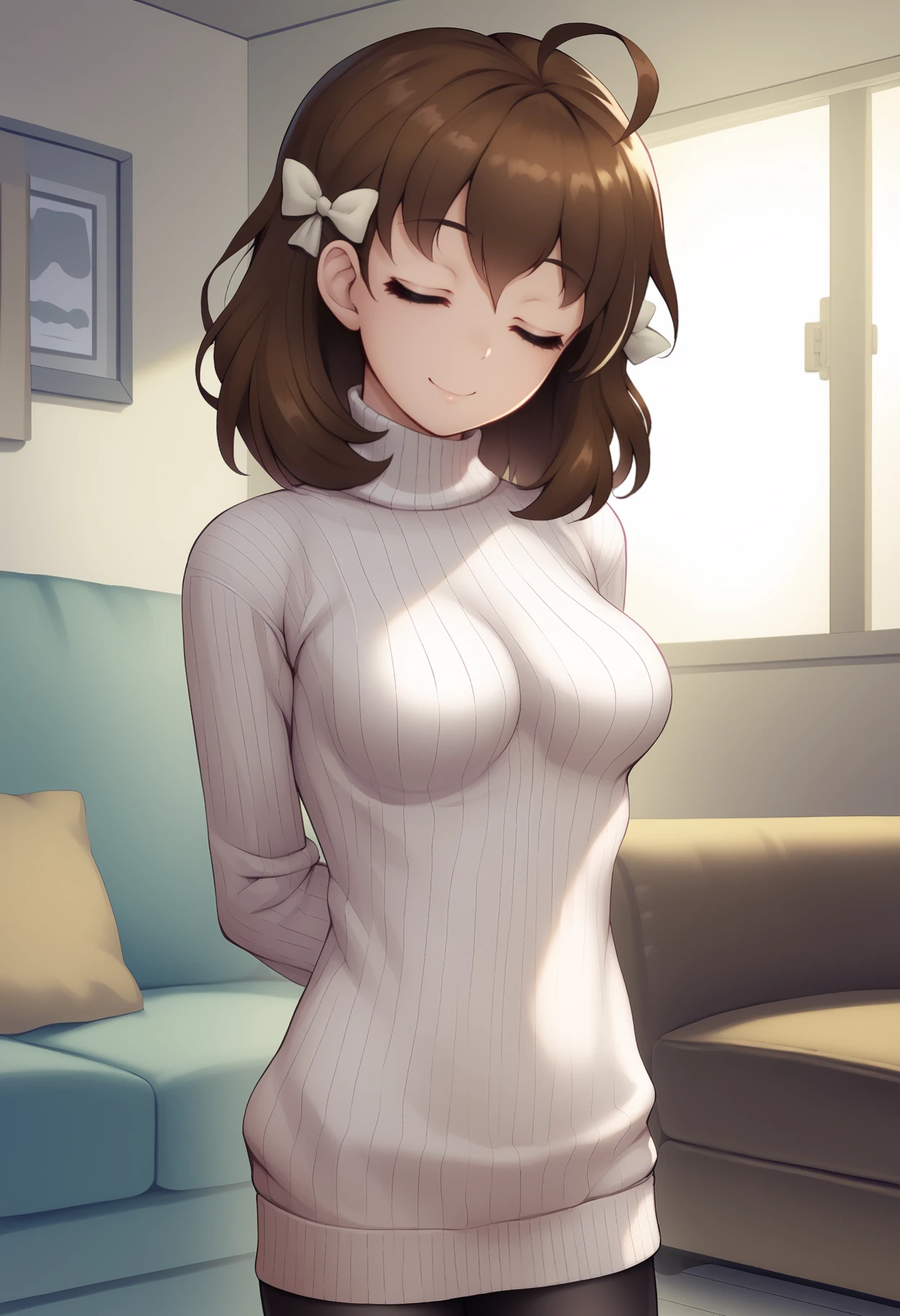 score_9, score_7_up, <break> solo, 1girl, smile, looking at you, standing, arms behind back, head tilt, medium hair, brown hair, ahoge, hair bow, closed eyes, white sweater, ribbed sweater, sweater dress, turtleneck, black pantyhose, medium breasts, indoors, living room
 <segment:yolo-face_yolov8m.pt,0.4,0.5//cid=1>