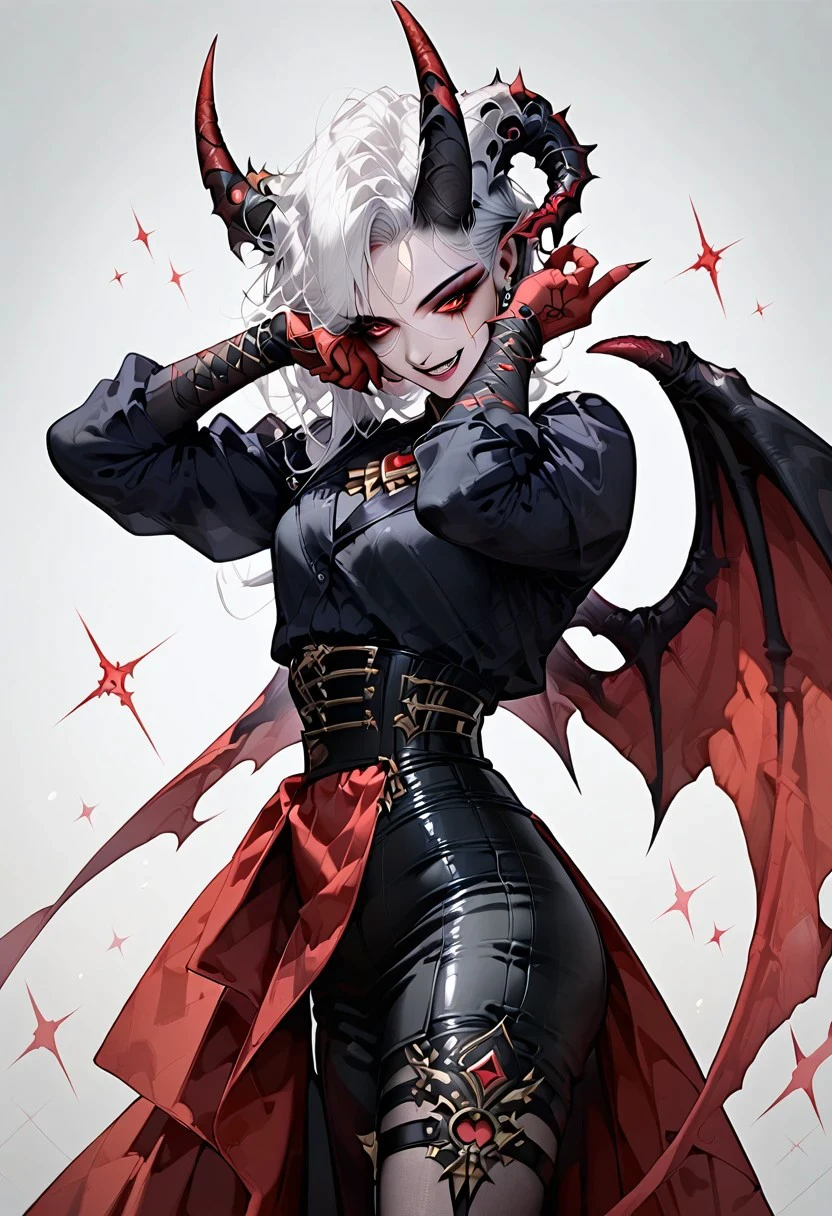 score_9,score_8_up,score_7_up, masterpiece, BloodRavenVampire, VampireGothStyle, Vampire, Expressiveh. 1girl, standing still, arms distended, welcoming pose, sadistic smile, red evil eyes, asimettric hair cut, two colors hair, black hairs, white hairs, demon horns, demon wings, dark fantasy look, very detailed