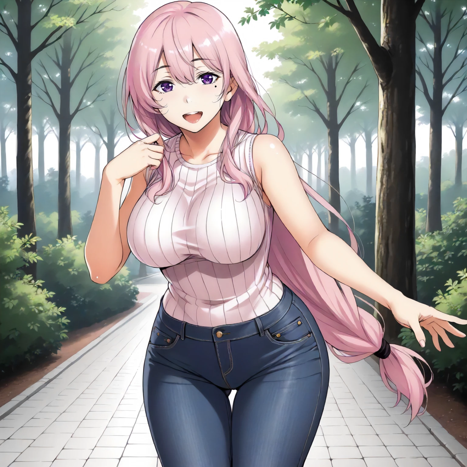 <lora:ToY_AkoNijyouXLpony001>,
outdoors,nature,
smile,open mouth,
solo,
AkoNijyou,1girl,pink hair,long hair,purple eyes,
one mole under eye,
low-tied long hair,
large breasts,
wide hips,
ribbed sweater,sleeveless,
jeans pants,
standing,