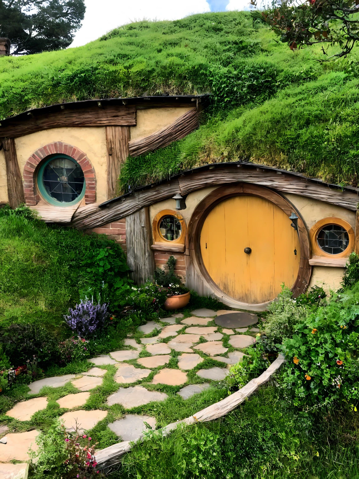 <lora:JJsHobbitHouse_XL:1>, ((Hobbit House)),  masterpiece, best quality, building,  (outdoors), plant, scenery, ((sky)),  center composition,  bush, day, grass, no humans, road,  door, window,